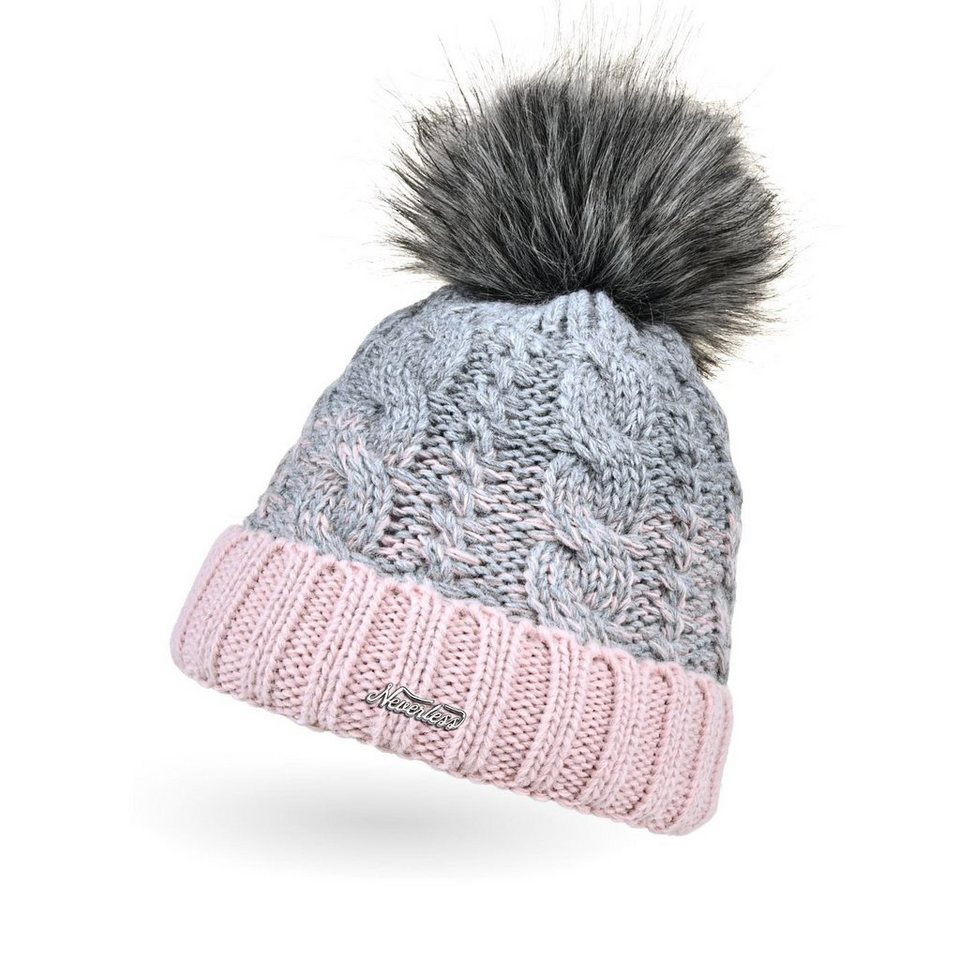Damen Strickmütze Wintermütze Bommel Kunstfell gefüttert Zopfmuster CO0651524