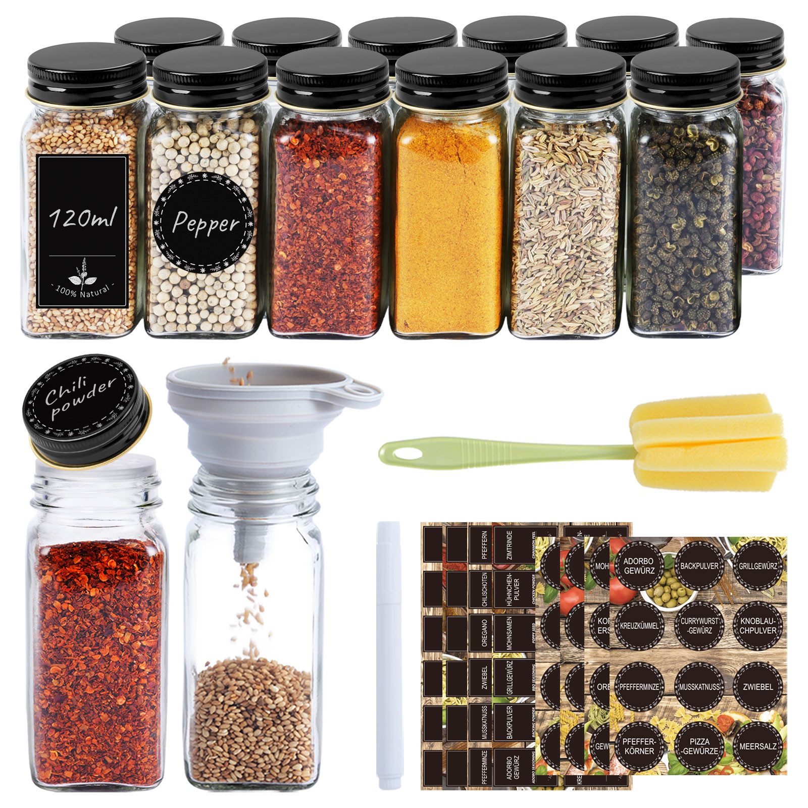 FIVMEN Gewürzstreuer Gewürzgläser Eckig Set mit Deckel Gewürz Organizer Gewürzbehälter, (24-tlg), mit Trichter, Leeren Aufklebern, Reinigungsbürste, Sieben, 120ml