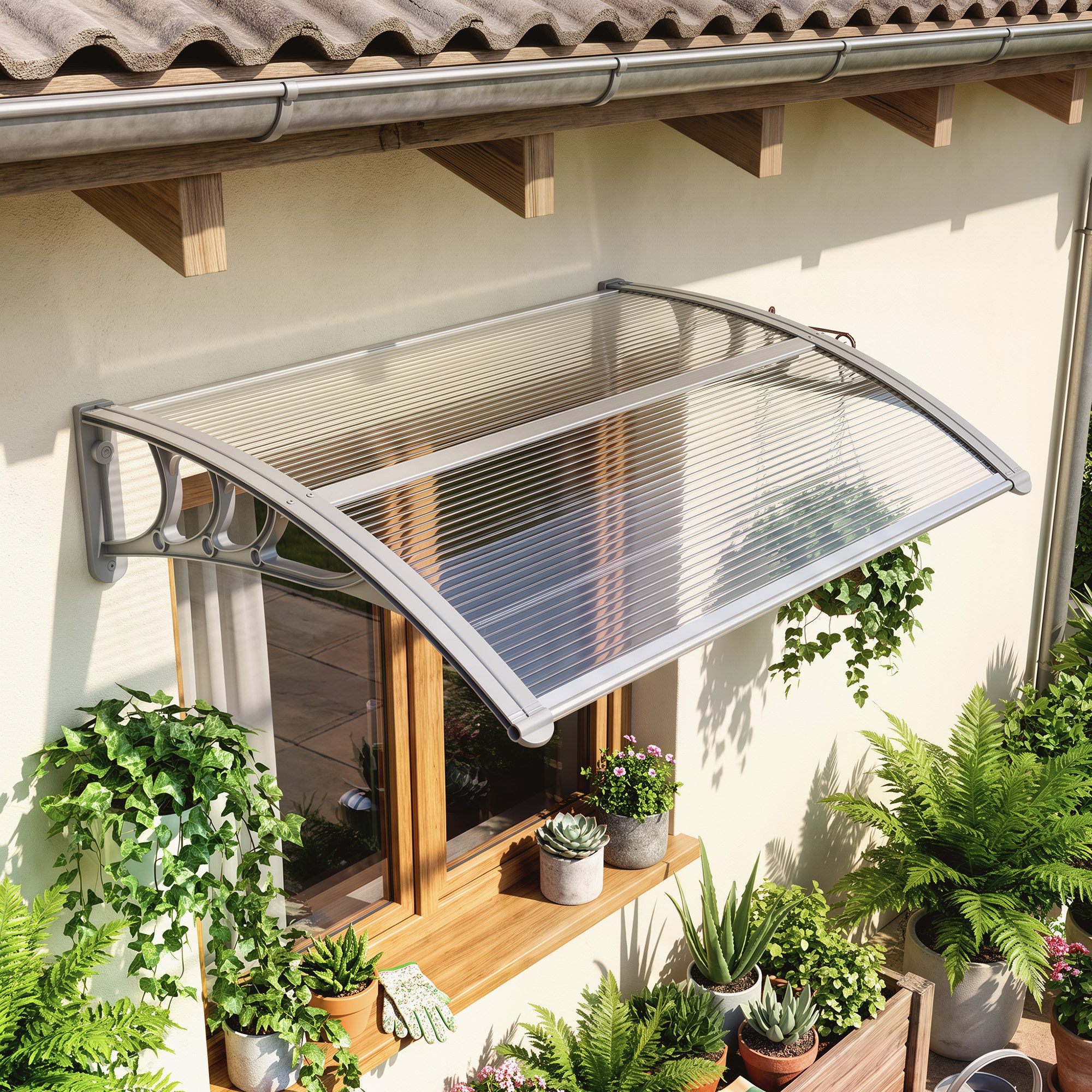 Outsunny Pultvordach Vordach Überdachung aus Aluminium und Polycarbonat, UV-Schutz (Pultbogenvordach, 1 St., Haustürvordach), für Balkon, Sonnenschutz, Regenschutz, Silber
