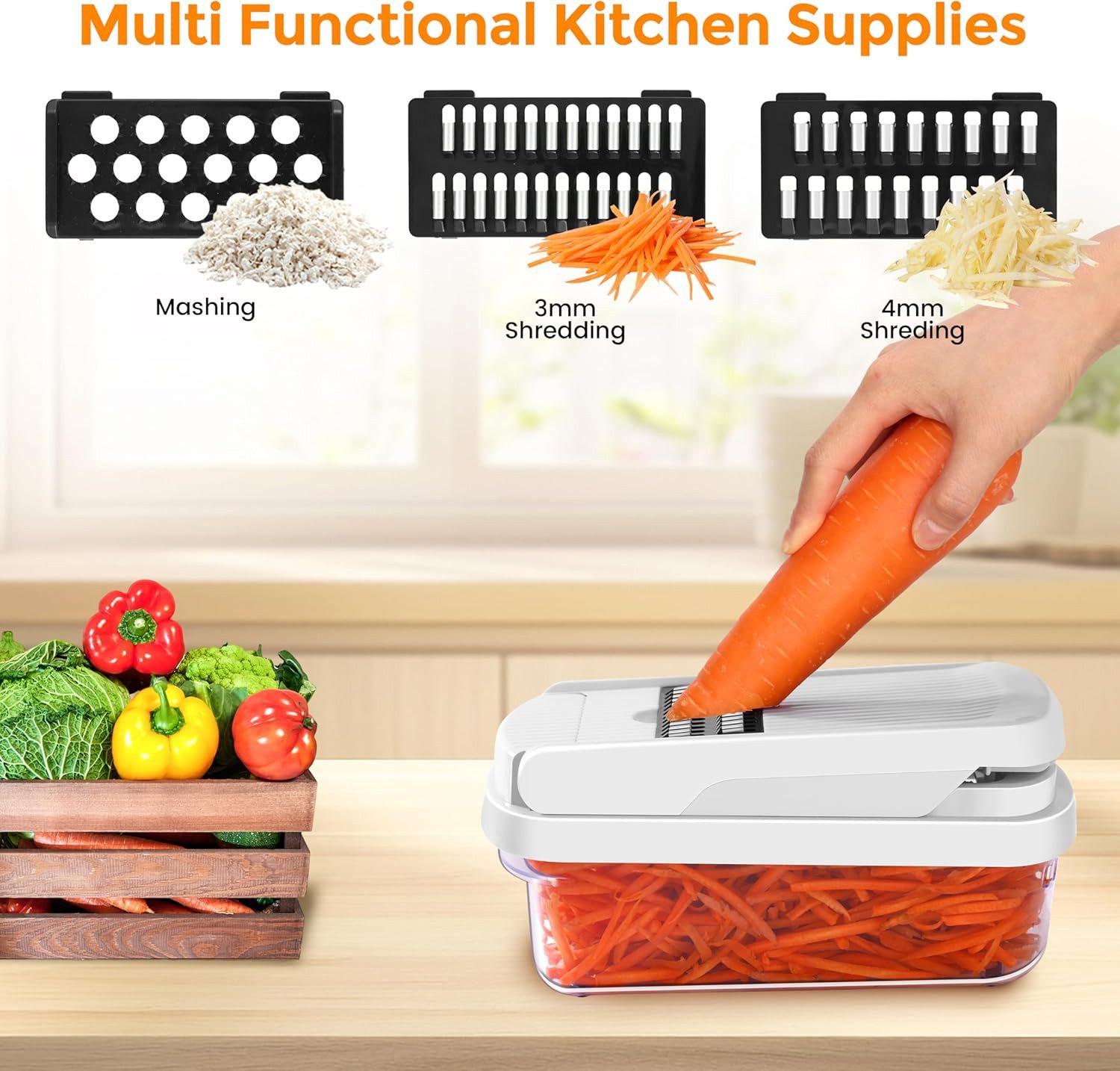 Refined Living Gemüseschneider 15-in-1 Gemüseschneider mit Auffangbehälter, Küchenreibe, Gemüsehobel, Multischneider für Gemüse,Zwiebeln,Obst,Käse usw.BPA-frei, – Bild 3 von 5