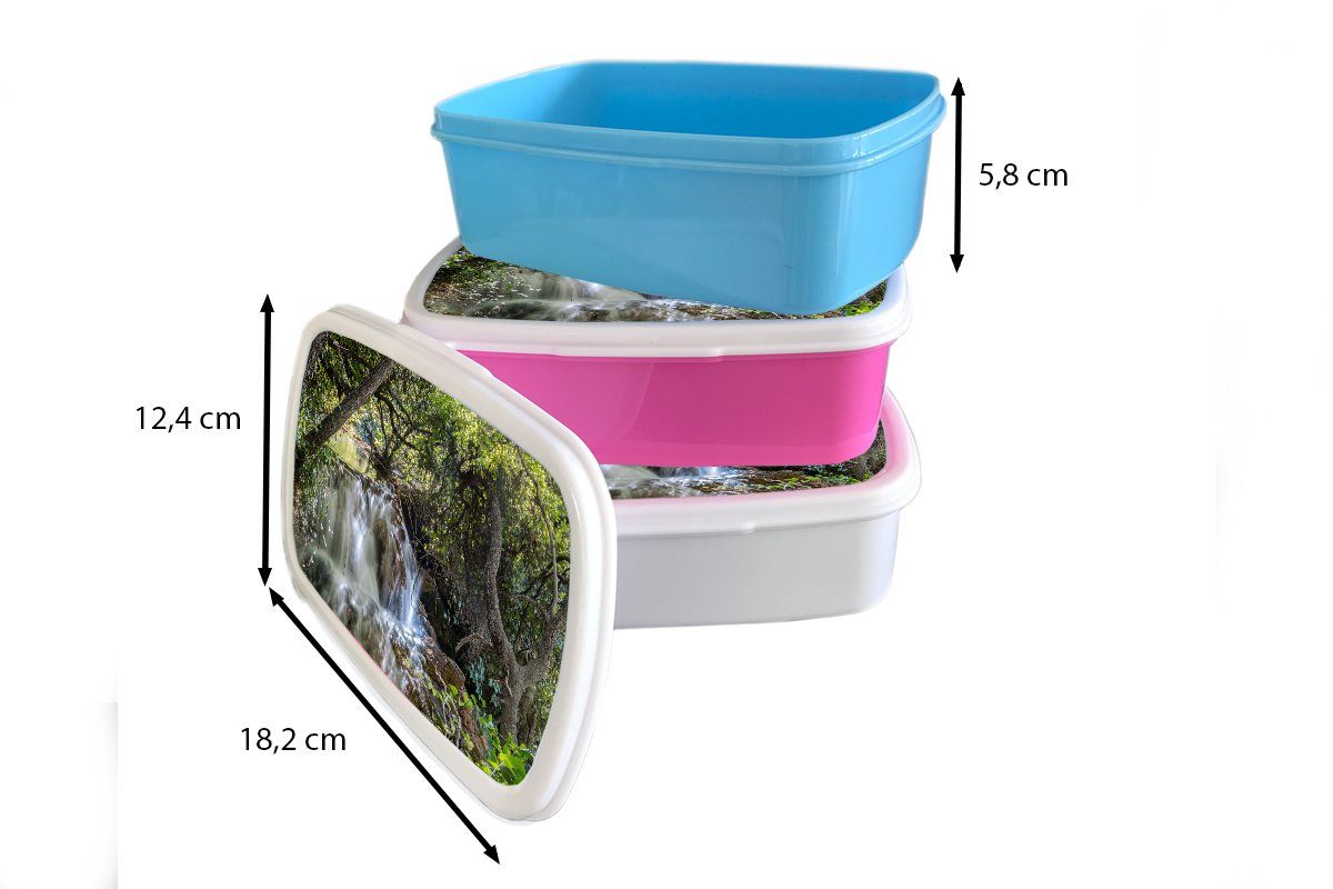 Brotbox Brotdose rosa Kunststoff, Mädchen, Wasserfall zwischen im Snackbox, Lunchbox in, Kinder, Krka-Nationalpark Erwachsene, Kunststoff den Baumstämmen für (2-tlg), Ein MuchoWow