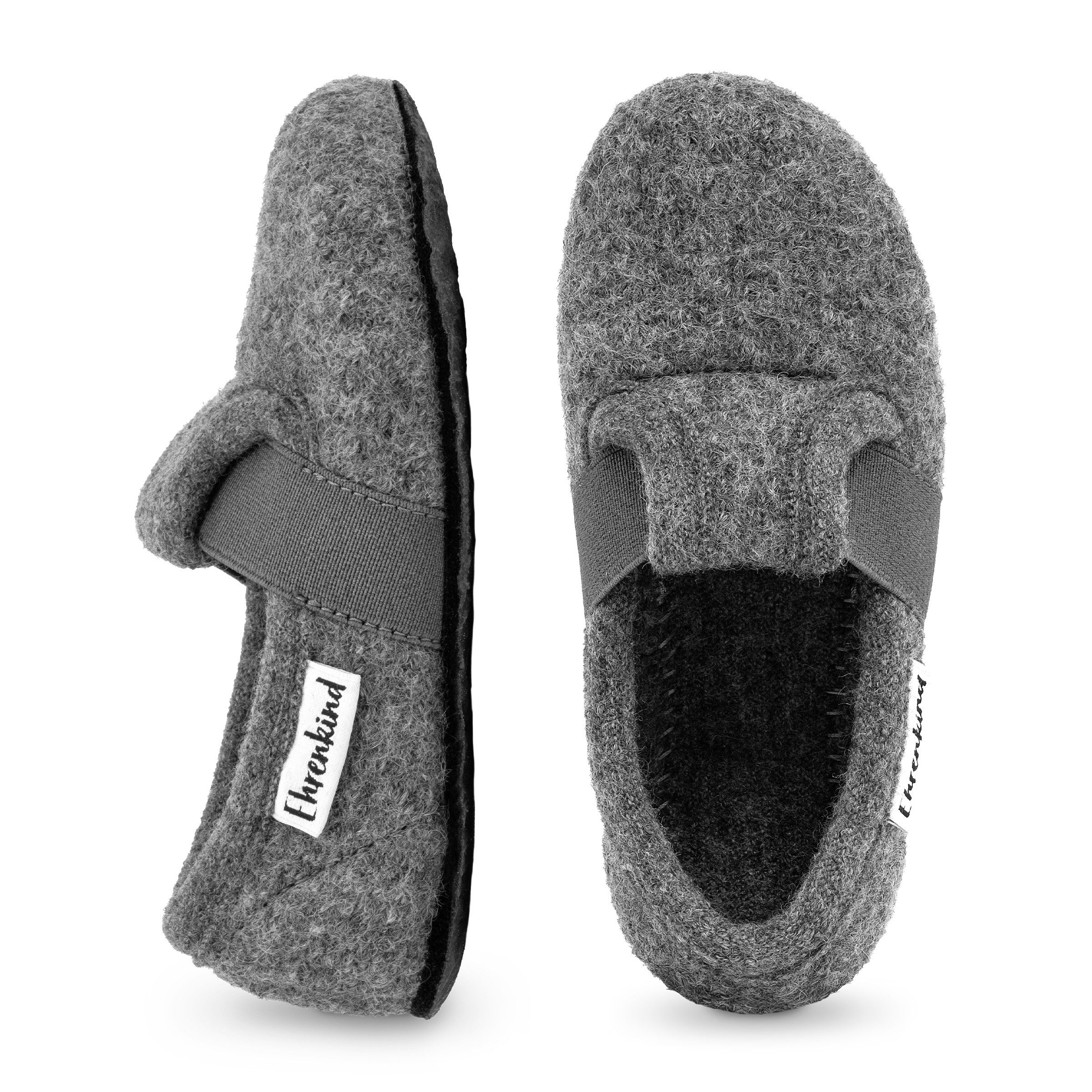 Ehrenkind Gemütliche, flache Kinder-Hausschuhe aus reiner Schurwolle Hüttenschuhe (atmungsaktiv & temperaturregulierend, rutschfest, Grau) ideal für Kindergarten, Schule und zu Hause