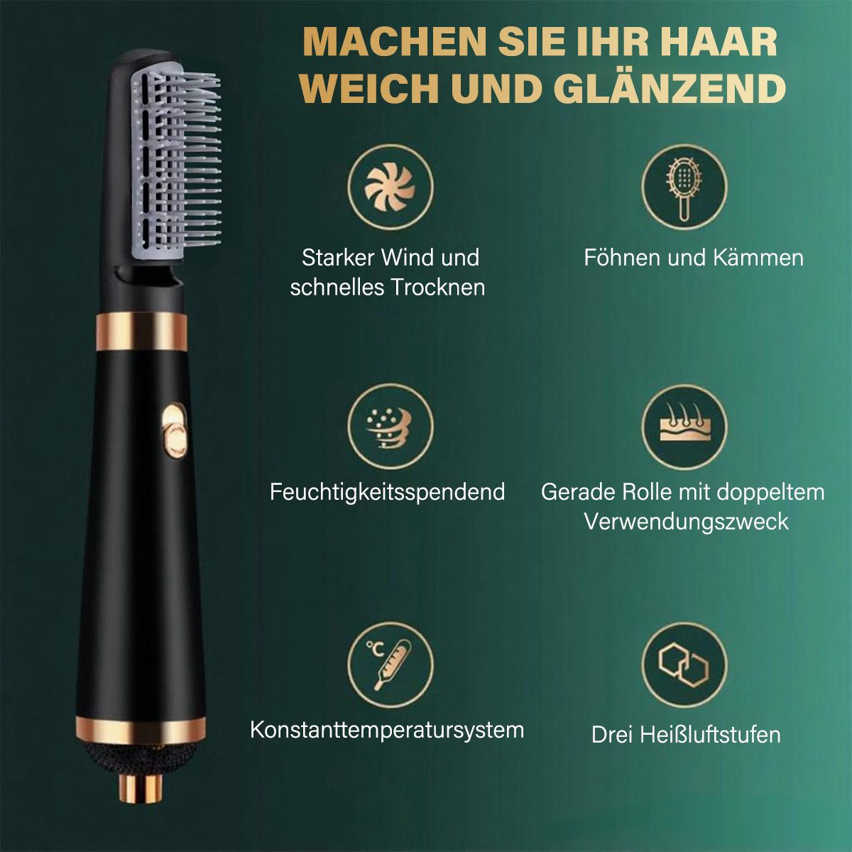 MOPUEA Lockenstab 3in1 Multifunktions Haartrockne 3-Gang-Modus Stummschaltung Haarpflege, 3 Temperaturstufen,pflegt und nährt das Haar,angenehme Kopfhautmassage