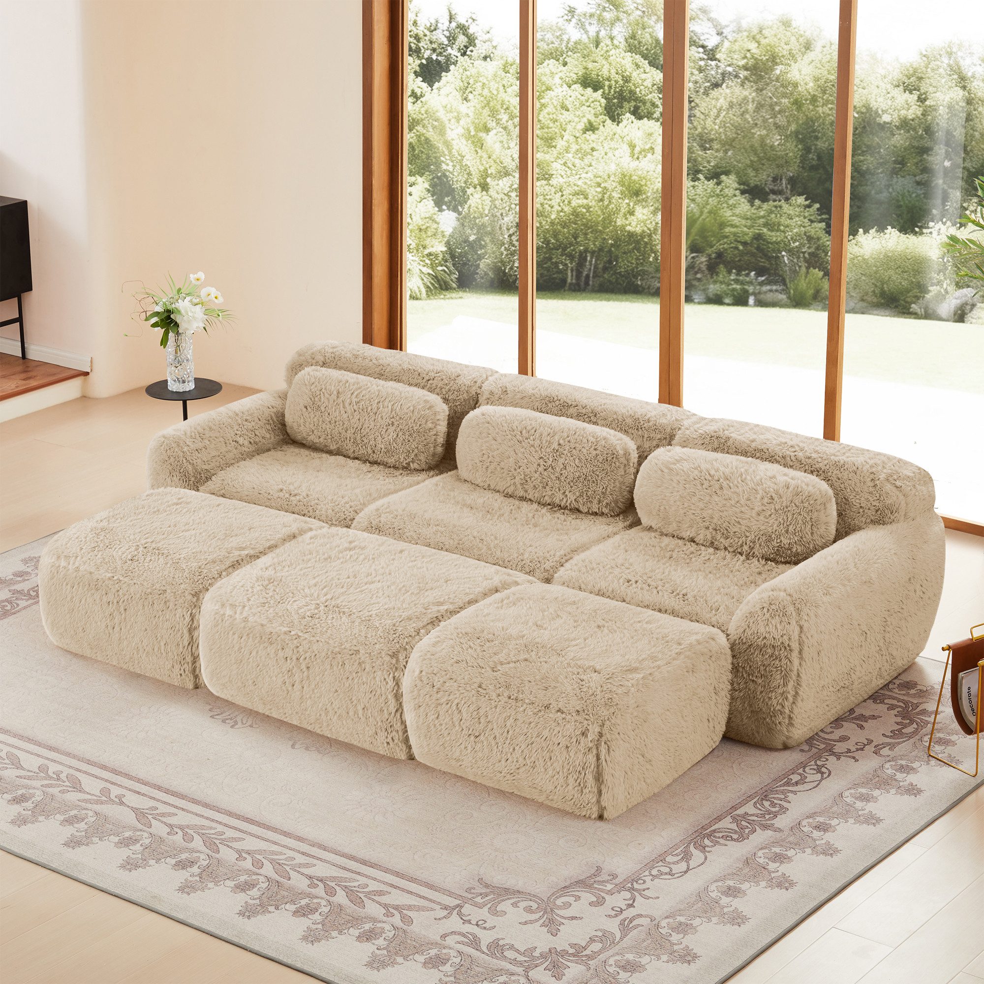 Leawin Sofa Boneless Cloud Sofa 3-Sitzer mit 3 Ottomans aus Plüsch, Modular, montagefrei, wolkenweich & schlaffreundlich