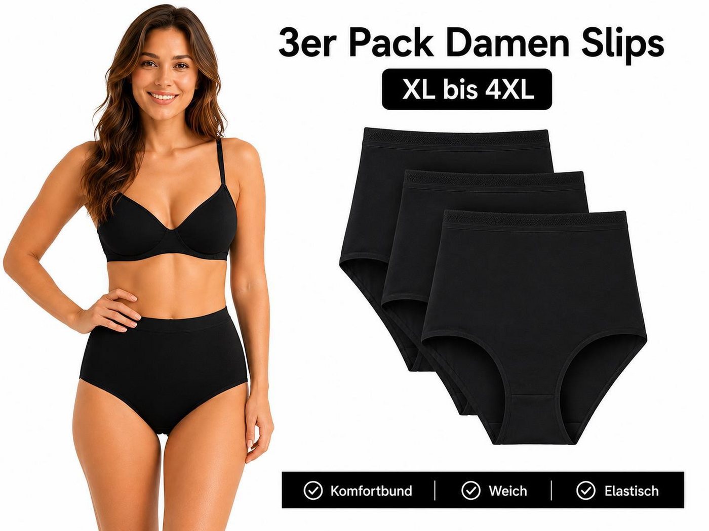 EloModa Taillenslip Damen Slips 3er Pack Schwarz XL-4XL High Waist Komfortbund (3-St) 3er Pack Schwarz XL-4XL High Waist