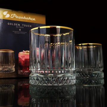 Pasabahce Gläser-Set Elysia Golden Touch, Glas, Trinkglas 4-er Set in Glas im Retro-Design, Golden Touch Trinkgläser