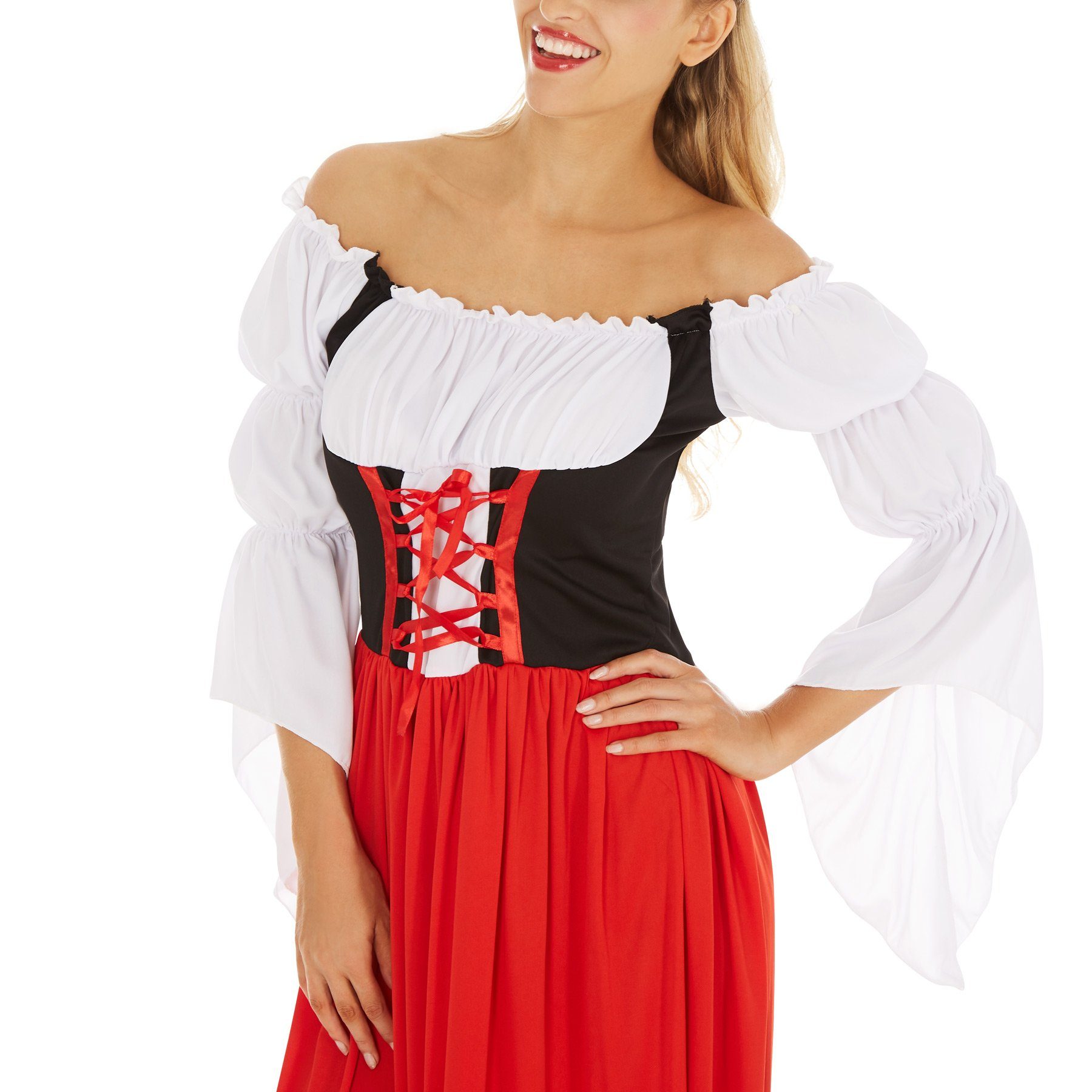 dressforfun Kostüm Dirndlkleid, auch Frauentracht, in schwarz/rot, Gr. S, Für Bayern, Schlichter und zeitloser Look, Angenähte Bluse, Vorn mit Schnürung