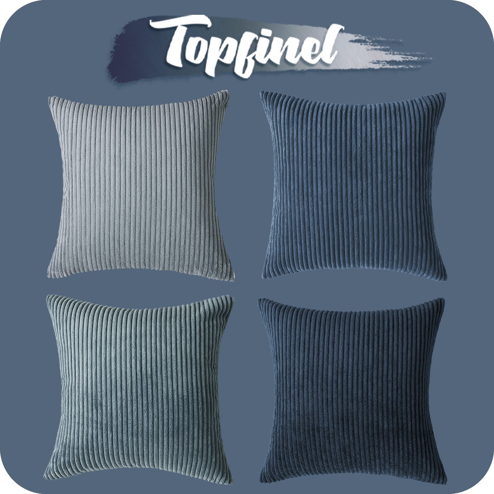 Topfinel Kissenbezüge 4er Set Kordsamt, flauschig Farbverlauf, Gestreift, kissenhüllen 50x50 dekokissen blau sofakissenbezug couchkissen – Bild 5 von 5