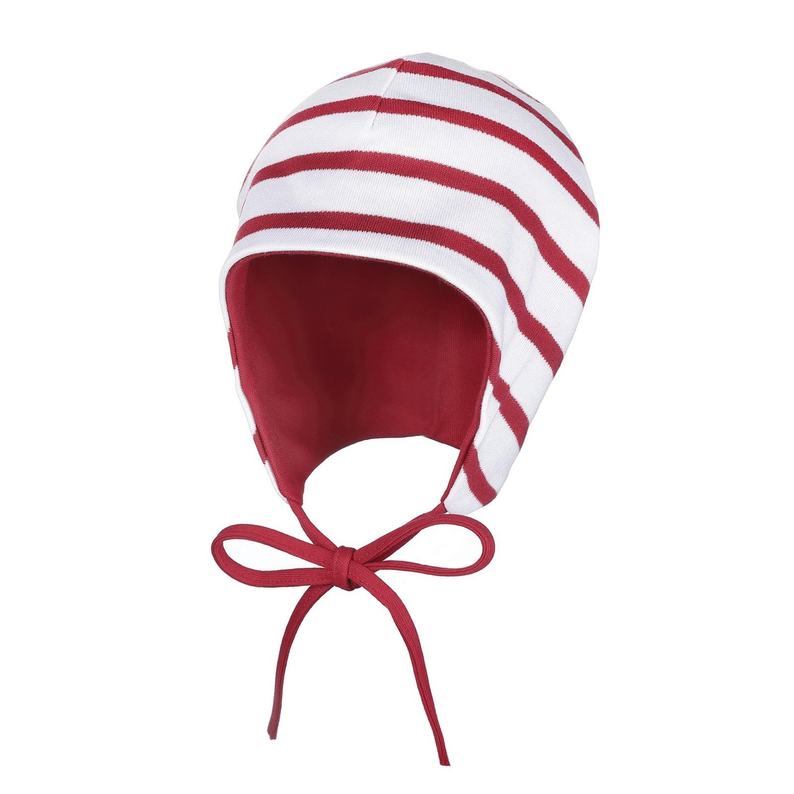 modAS Kopfbedeckung Bindeband / (03) - Ohrenschutz rot Baumwolle Mütze Baby mit Jerseymütze weiß und
