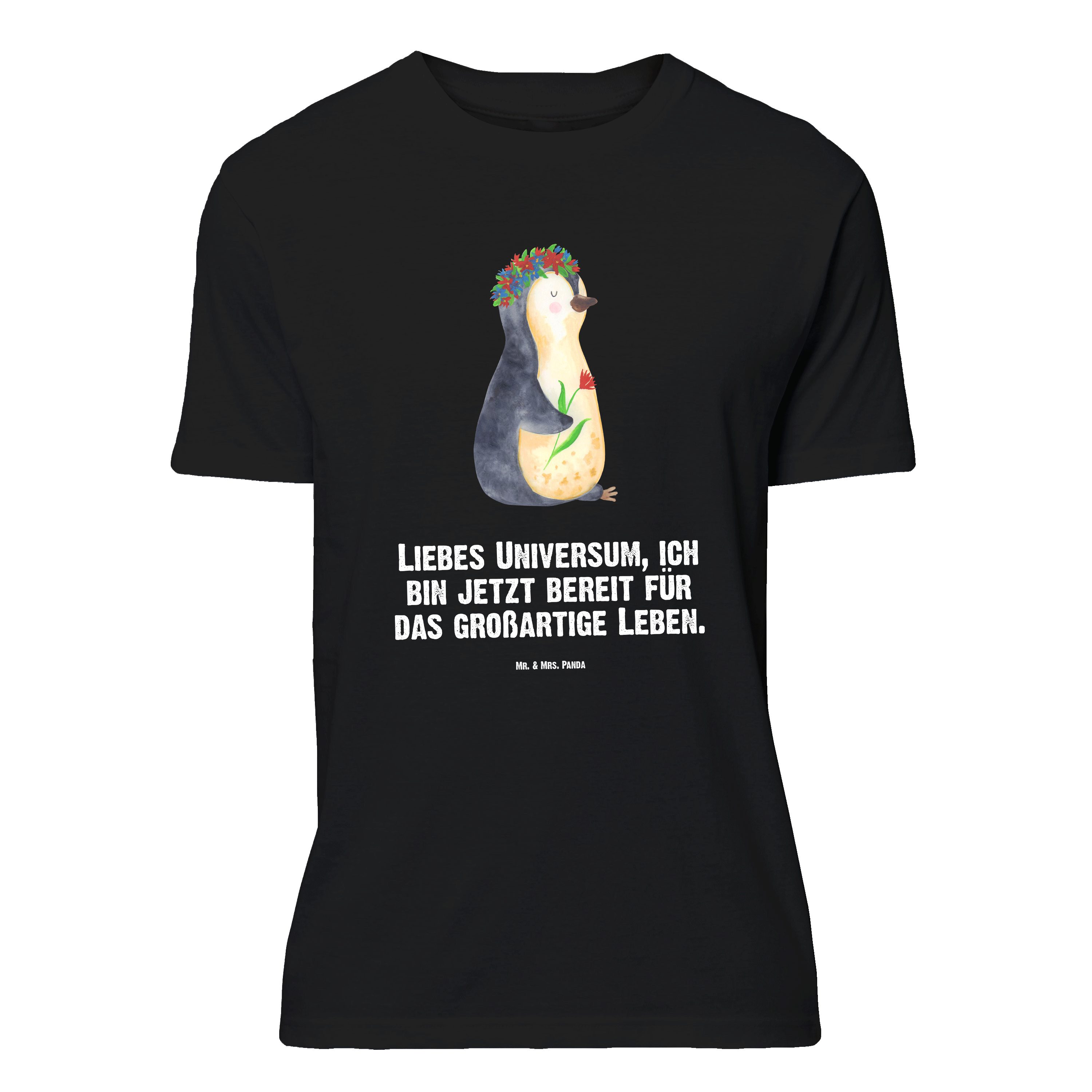 Mr. & Mrs. Panda T-Shirt Pinguin Blumen, Shirt, Schwarz, Positiv, Blumen, Wünsche, T-Shirt mit (Packung) Großes Shirt Geschenk Herren T-Shirt XXL