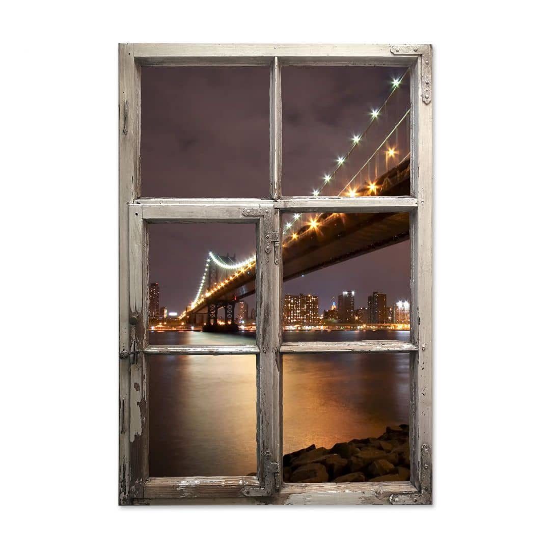 Wandtattoo 3D K&L Wandtattoo Art Aufkleber Wall Brücke Stadt Wandbild Holzfenster Skyline Manhattan selbstklebend Nachthimmel,