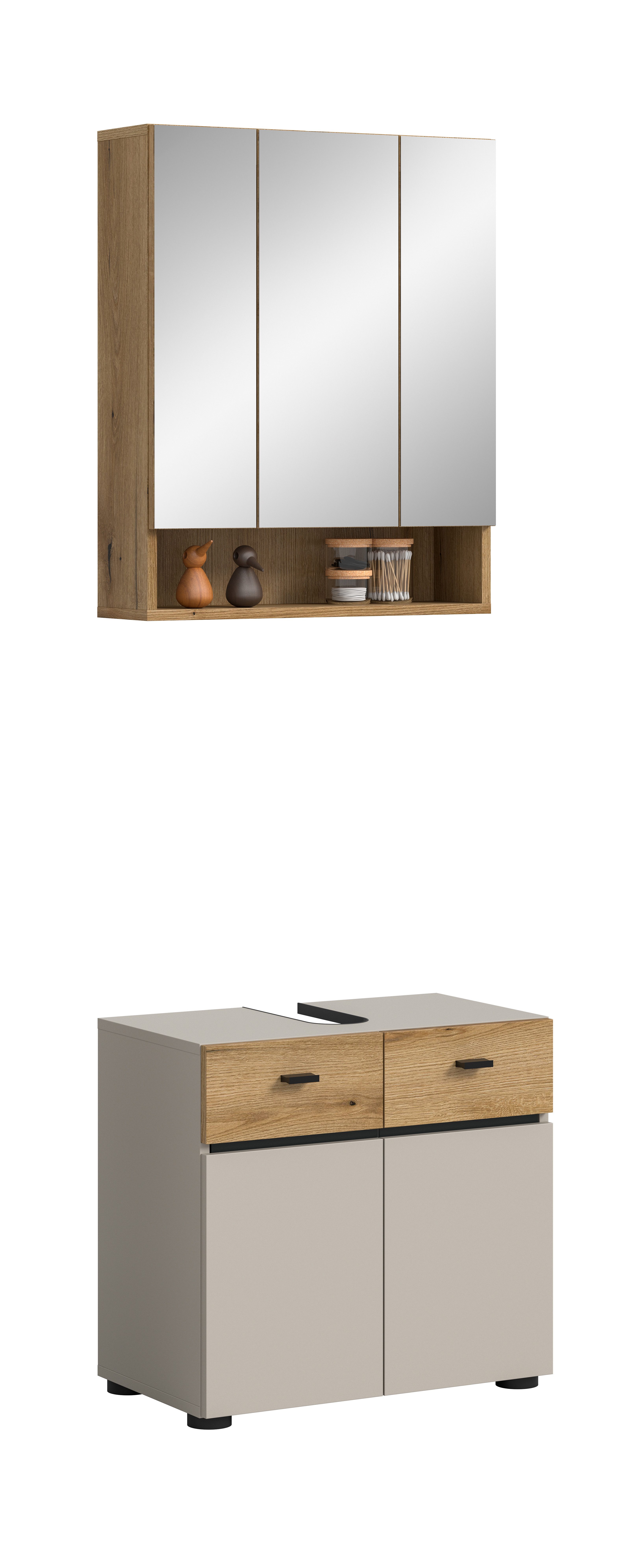 furnling Badmöbel-Set Aquia, (2-St., Spiegelschrank, Waschbeckenunterschrank), matte Kaschmir Front, mit Siphon-Ausschnitt, wasserabweisend