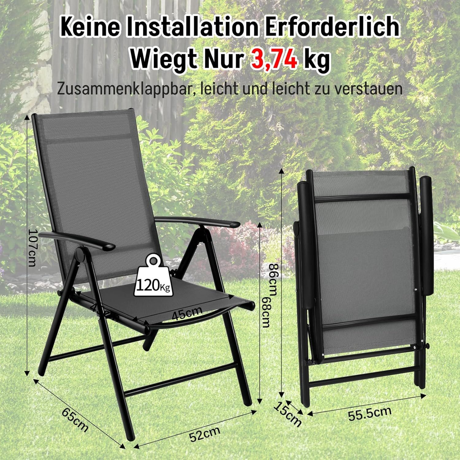 TLGREEN Gartenstuhl Hochlehner, 2/4er Set Balkonstuhl,Klappstuhl,Campingstühle (2 St), klappbar, 7-Fach verstellbare, wetterfest, aus Aluminium, Bis 120kg