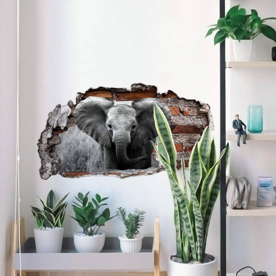 K&L Wall Art Wandtattoo 3D Wandtattoo Aufkleber Safari Tiere Kinderzimmer Jumbo der kleine Elefant, Mauerdurchbruch Wandbild selbstklebend