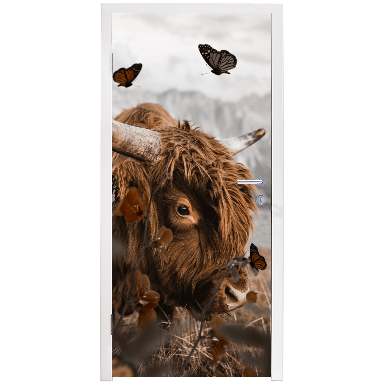 MuchoWow Türtapete Scottish (1 Fototapete Matt, Tür, Türaufkleber, - Highlander 75x205 - Schmetterlinge Pflanzen, St), für cm bedruckt