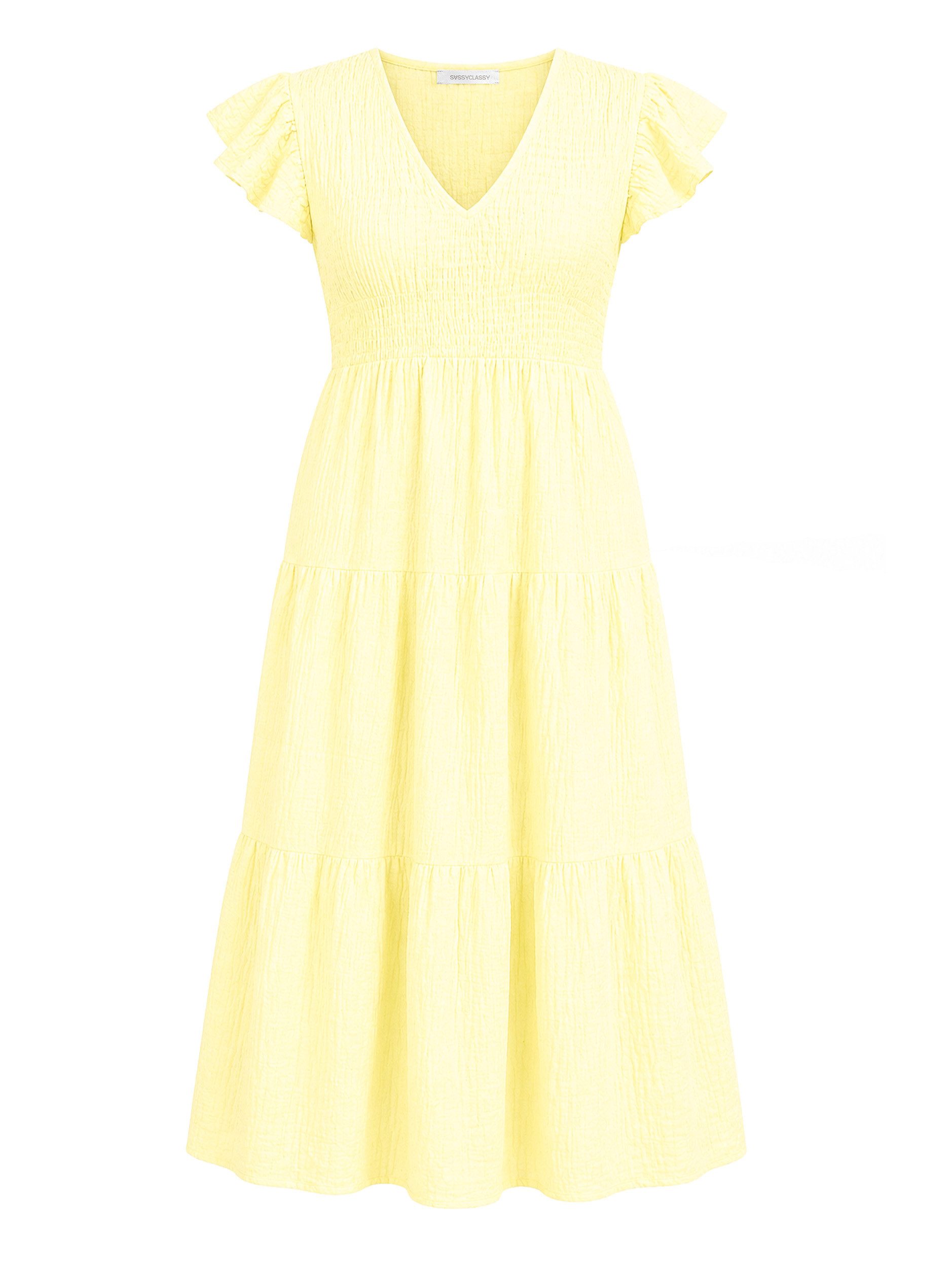 SASSYCLASSY Minikleid Maxikleid mit Volants für Damen Sommerliches Kleid aus Musselin mit Flügelärmel Gelb Schwarz Pink