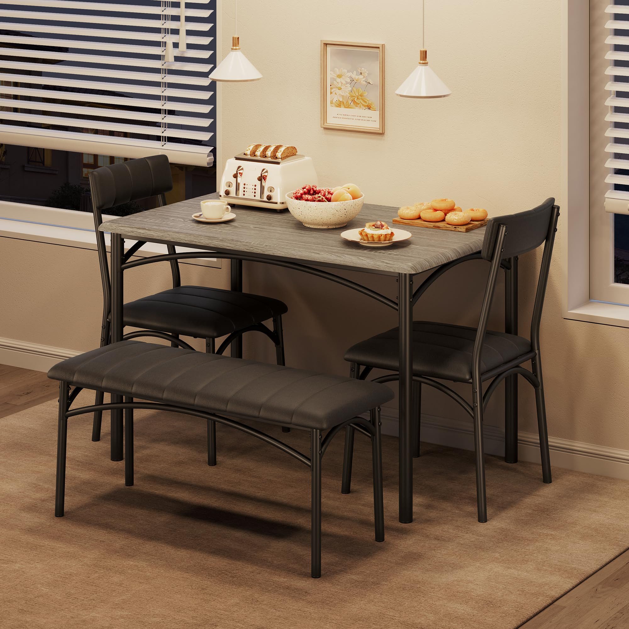 GarveeMore Essgruppe Essgruppe für 4 Personen Esstisch, gepolsterter Bank und 2 Stühlen, Tisch: 70 x 110 x 76 cm Stuhl: 48 x 43 x 86 cm Bank: 30 x 90 x 47.5 cm