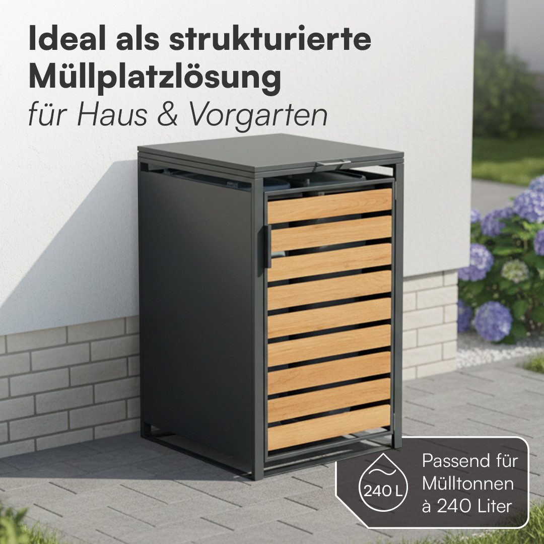 STEELSØN Mülltonnenbox Kestra 240L aus verzinktem Stahl (Anthrazit/Holz, verfügbar mit 1, 2, 3, 4, oder 5 Türen), für 1 Tonne, mit Sichtstreifen Holzoptik