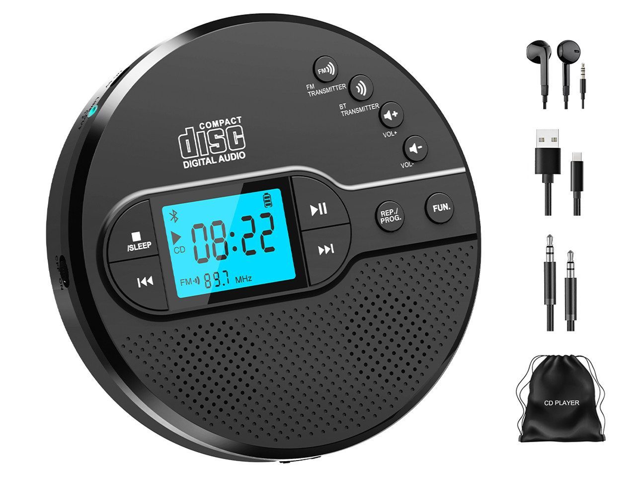 Greadio CD35 Tragbarer CD-Player Discman mit Bluetooth & Akku, FM-Sender tragbarer CD-Player