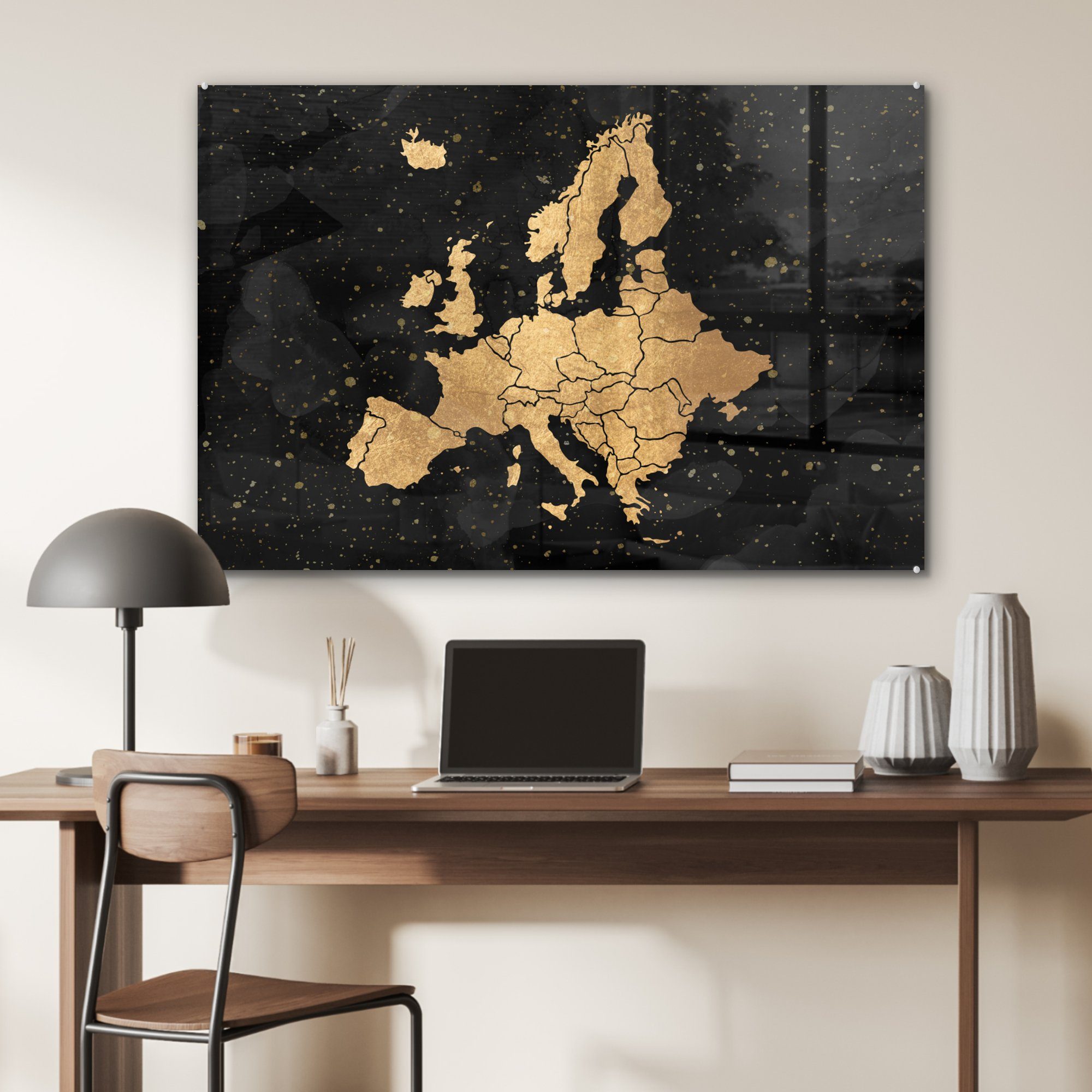 Europa Schlafzimmer - - MuchoWow Acrylglasbilder Karte & (1 Wohnzimmer Gold, Acrylglasbild St),