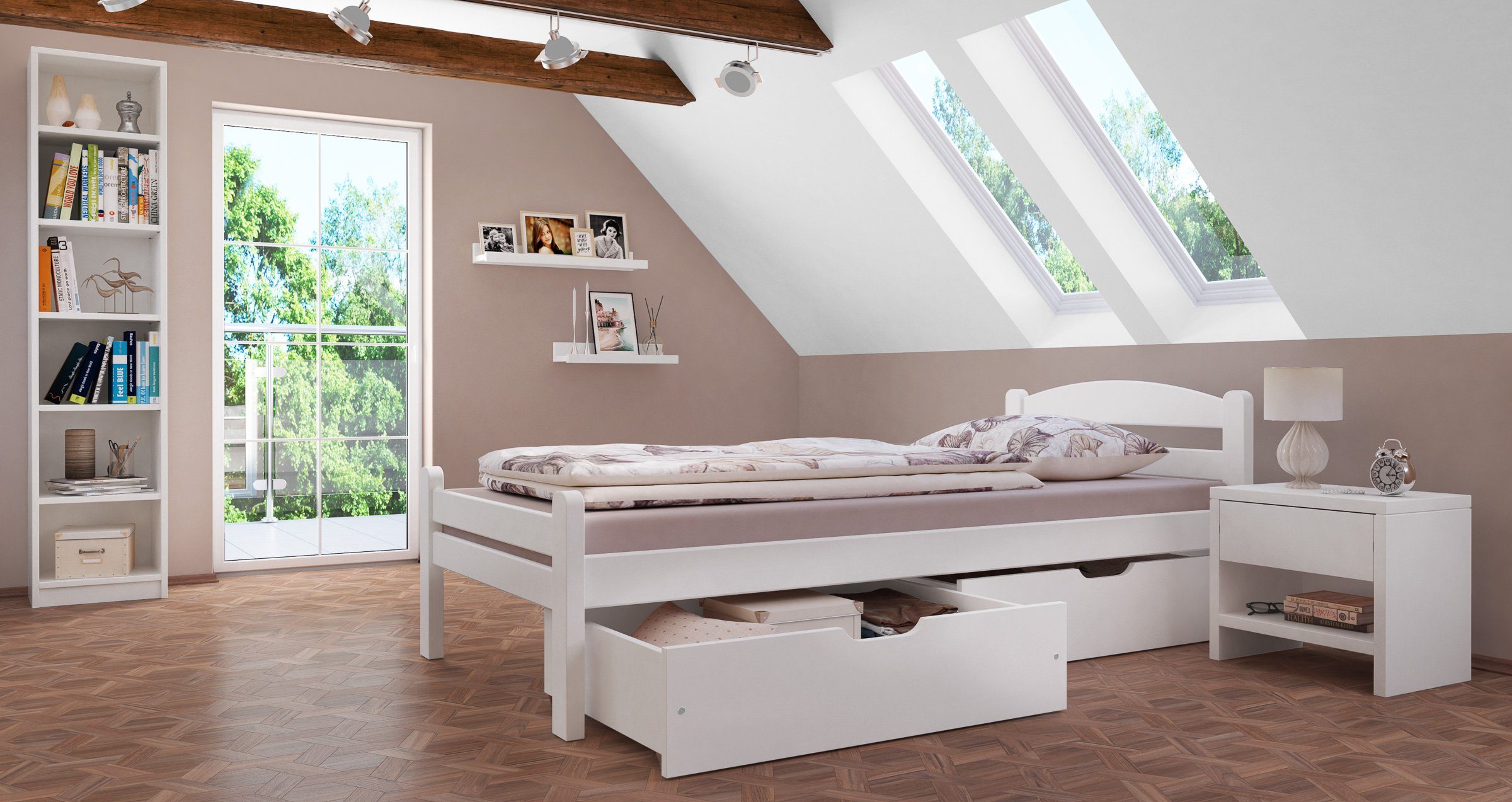 massiv Einzelbett Buche weiß Bett Gästebett 90x200, ERST-HOLZ Buchewaschweiß