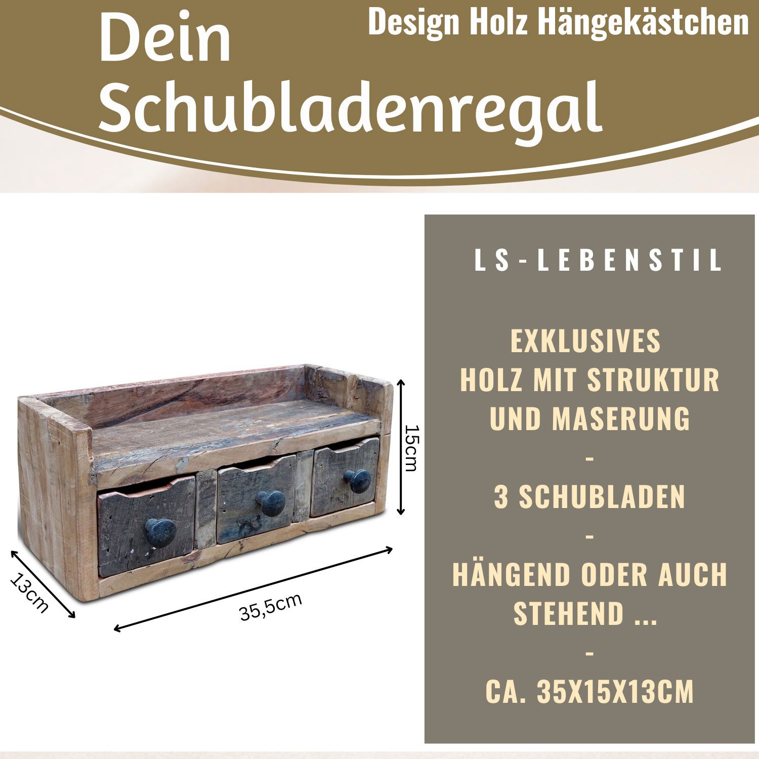 LS-LebenStil Küchenregal Vintage Dehli 35cm hängend Gewürzregal Wandregal Wandboard, Schlüsselkasten Schubladenregal Hängeregal 1-tlg., 3 Schubladen, auch freis – Bild 2 von 5