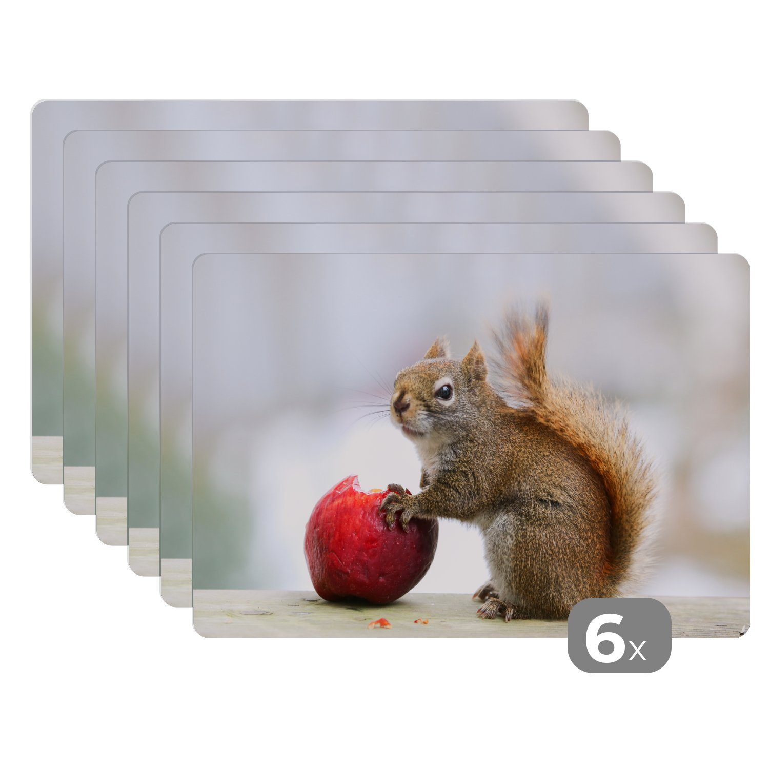 Platzset, Eichhörnchen Platzset, Platzdecken, einen Tischmatten, isst Apfel, (6-St), MuchoWow, Schmutzabweisend Platzmatte