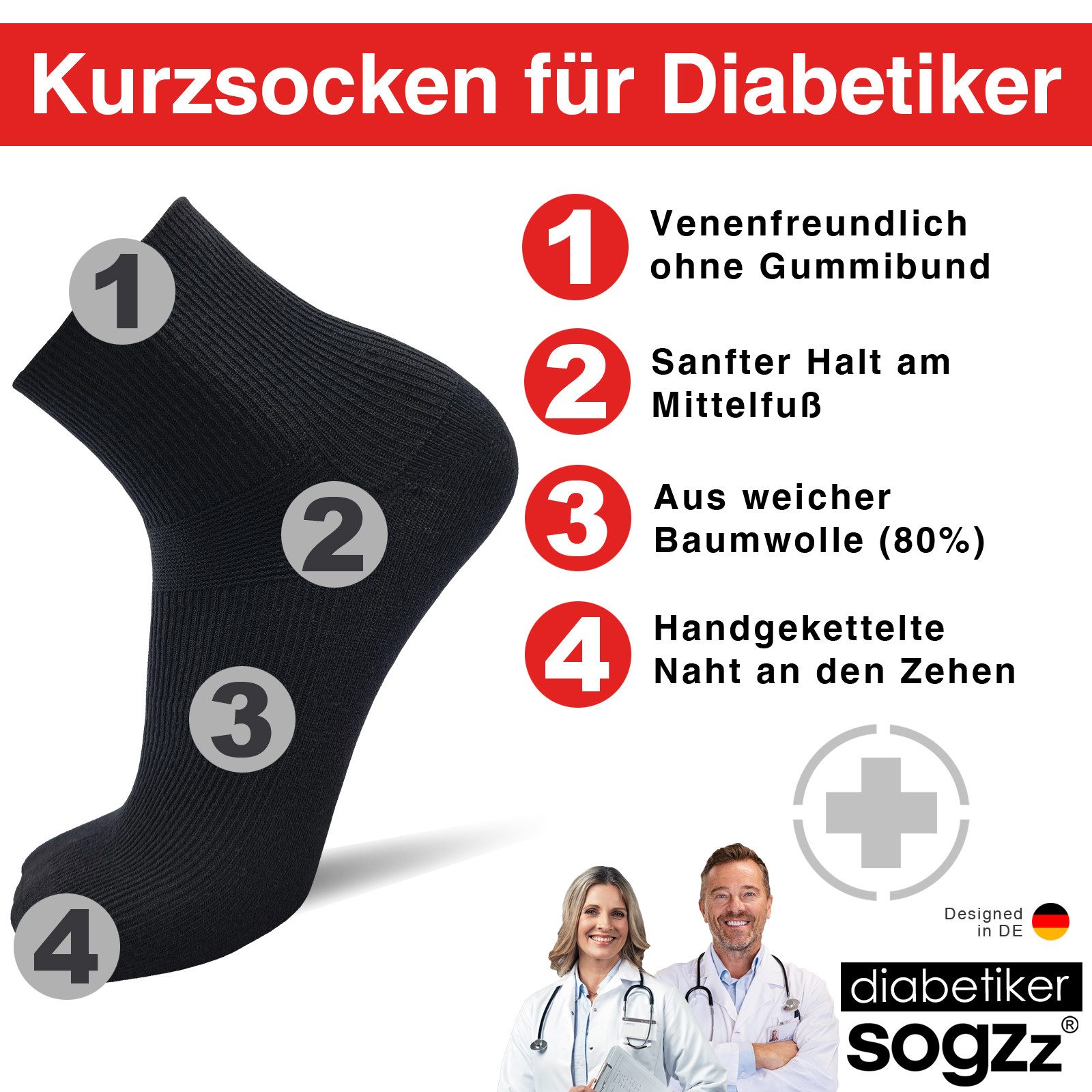 sogzz Diabetikersocken 6-12 Paar Kurzsocken ohne Gummi ohne Naht 80% Baumwolle Damen Herren (Diabetiker Socken kurz ohne Gummibund, 6-Paar)