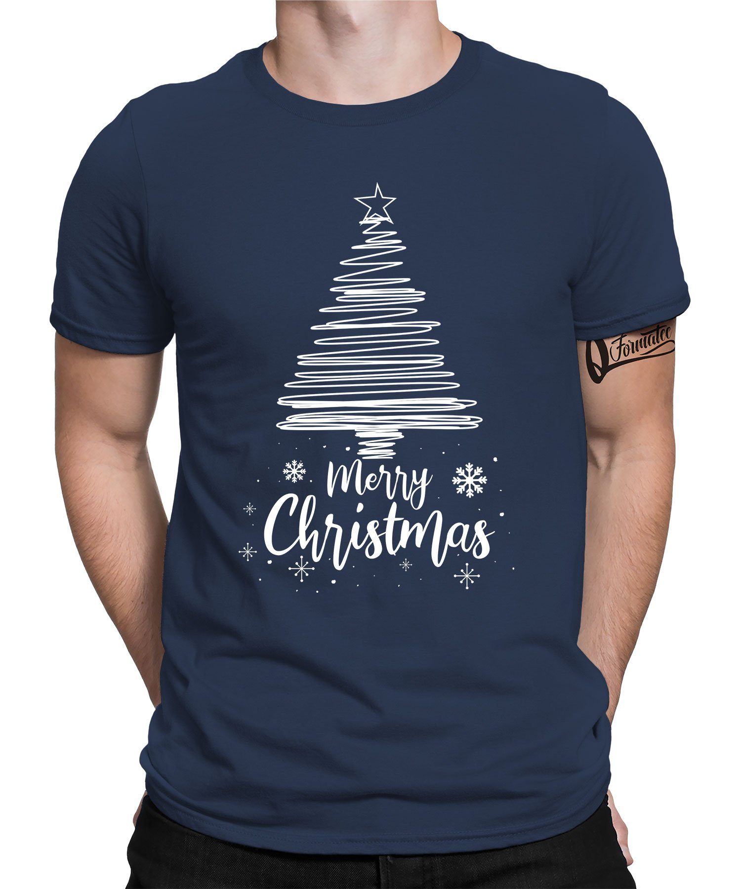 Quattro Formatee Kurzarmshirt Weihnachtsbaum Merry Christmas - Weihnachten Nikolaus Weihnachtsgesche (1-tlg) Navy Blau