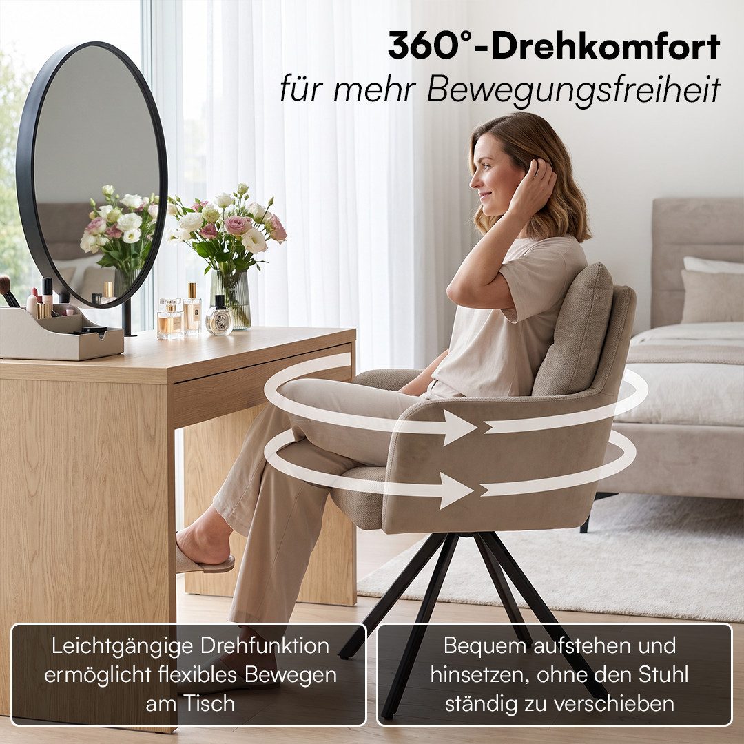 skølm Esszimmerstuhl Arvakr, Armlehnstuhl mit Metallgestell, 360° drehbar, gepolstert (Hellbraun, 4 St), Drehstuhl aus Leinen/Samt, Polsterstuhl bis 120 kg – Bild 2 von 5