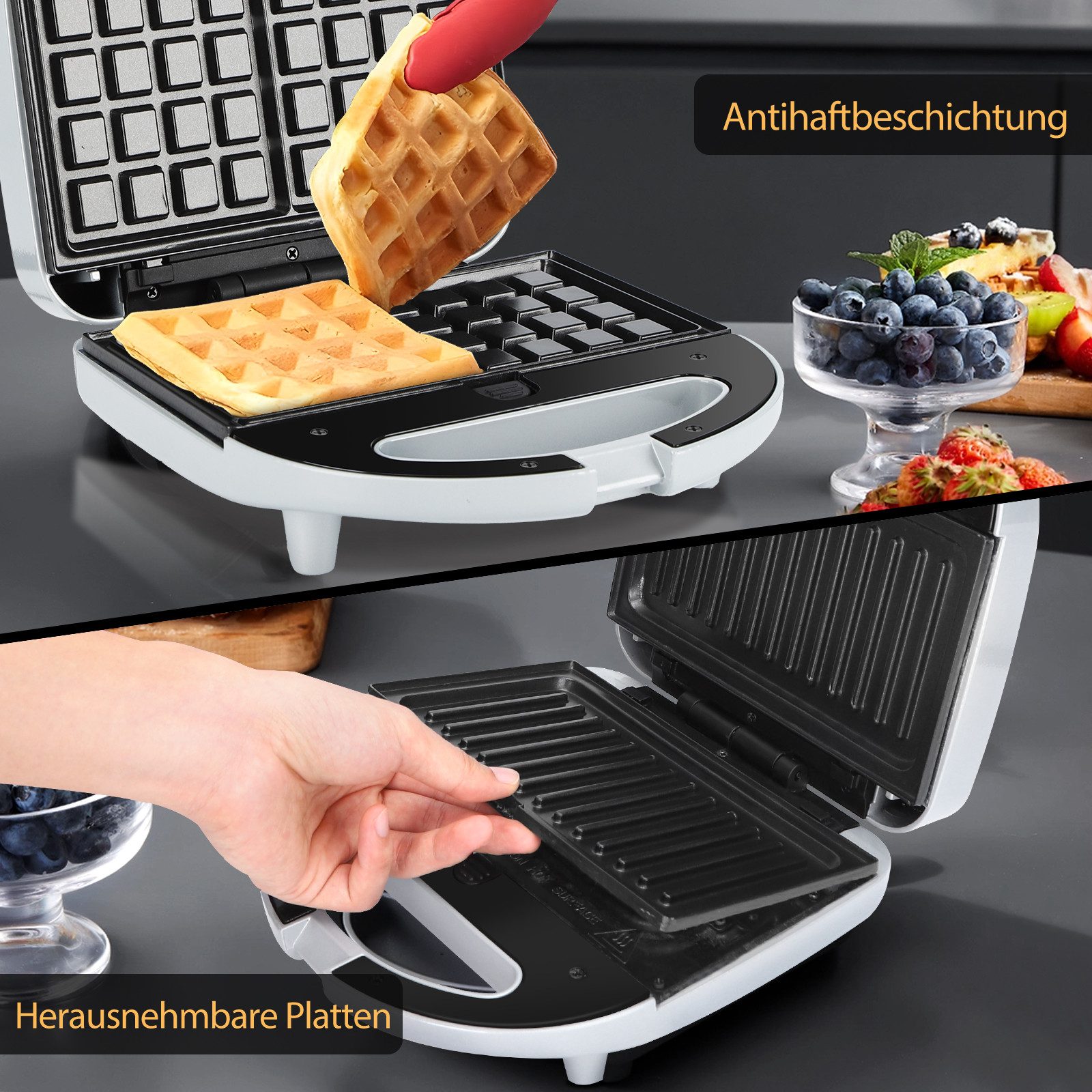 Aigostar 3-in-1-Kombi-Waffeleisen 750 W Sandwichmaker, 3 Austauschbare Platten, Beidseitiges Grillen, 750,00 W, Antihaftbeschichtet, Automatisches Thermostat, W – Bild 4 von 5