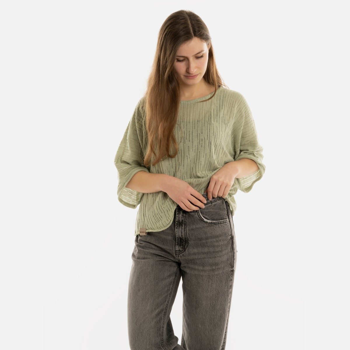 Knit Factory Strickpullover Jose Strickpullover Sage Green 36/42 Gestreift (Set, 1-tlg., Spar-Set) damen pullover strickpullover lang oversize sale Strick Winter herbst