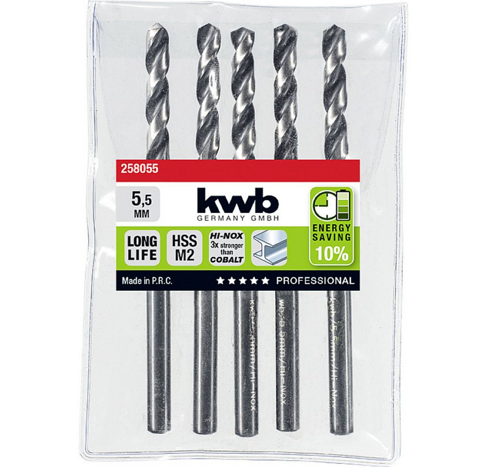 Thumbnail - kwb Metallbohrer kwb 258055 HSS Spiralbohrer 1 Stück 5.5 mm Gesamtlänge 93 mm M2 DIN 33
