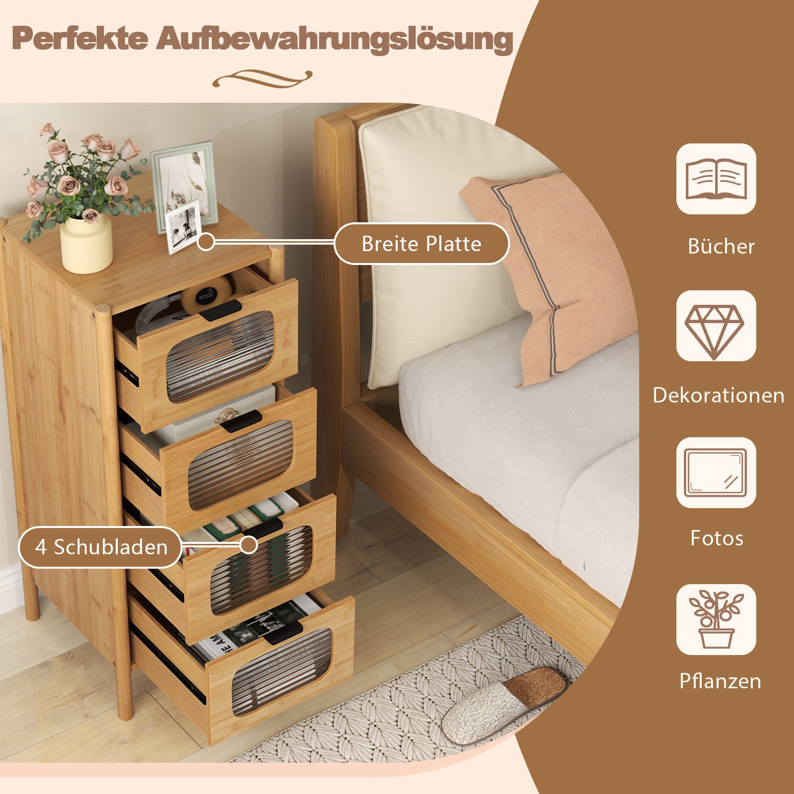 COSTWAY Kommode, 4 Schubladen, Sideboard aus Bambus & Glas, 40x40x97cm