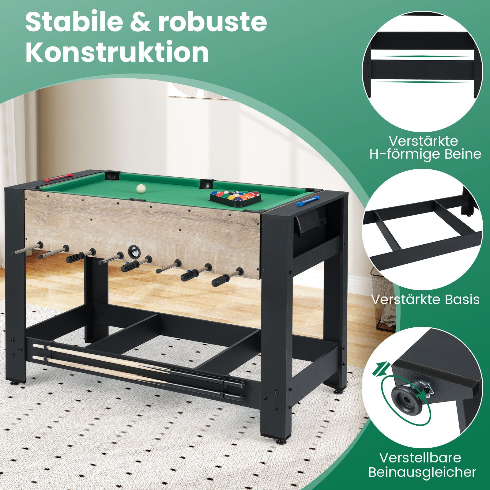 COSTWAY Billardtisch, 2-in-1 wendbarer Spieltisch, Kickertisch mit Beinen