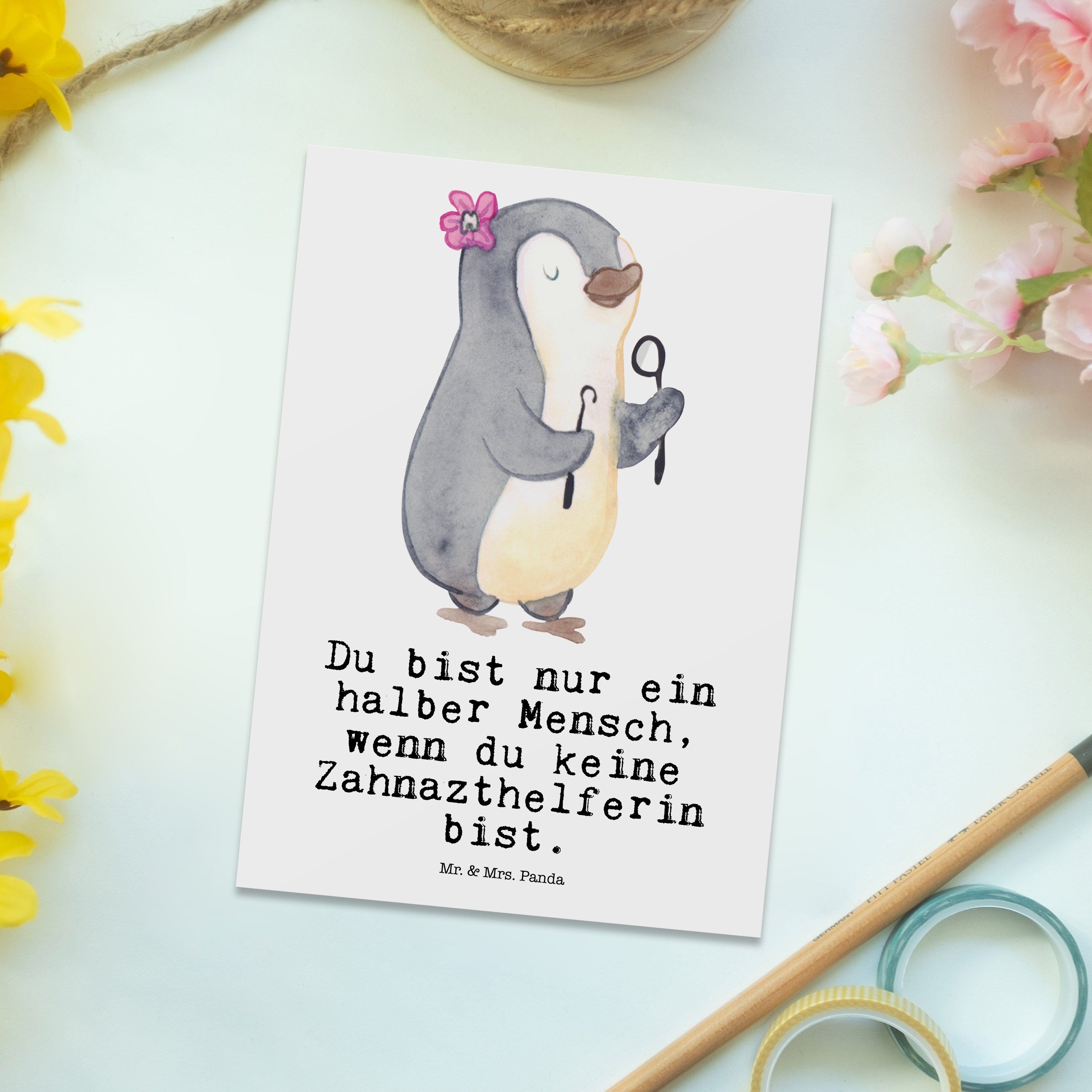 Zahnarzthelferin - & Mrs. mit Panda Herz Mr. Grußka - Danke, Einladung, Geschenk, Postkarte Weiß