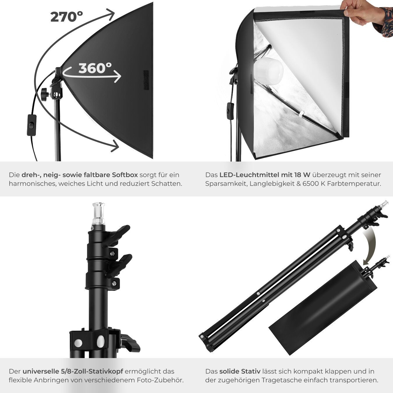 tectake Studioleuchte Studio-Stativ-Blitz, (mit Softbox und ausziehbarem Stativ)