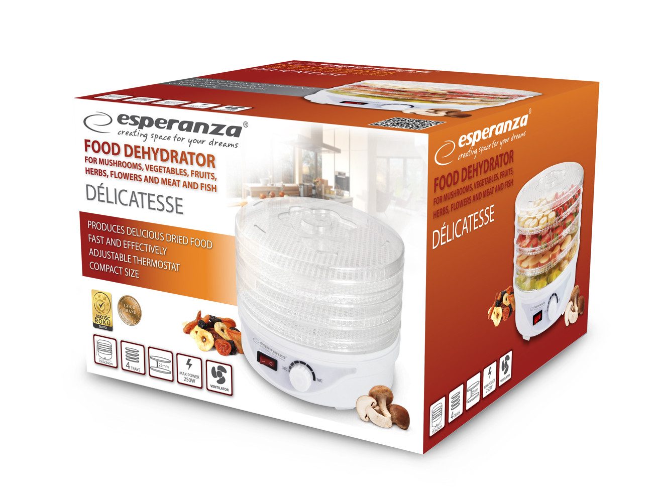 Esperanza Dörrautomat DÖRGERÄT FÜR PILZE, FRÜCHTE, GEMÜSE, KRÄUTER UND BLUMEN-DÉLICATESSE 250,00 W, Überhitzungsschutzes & einfach zu verwenden