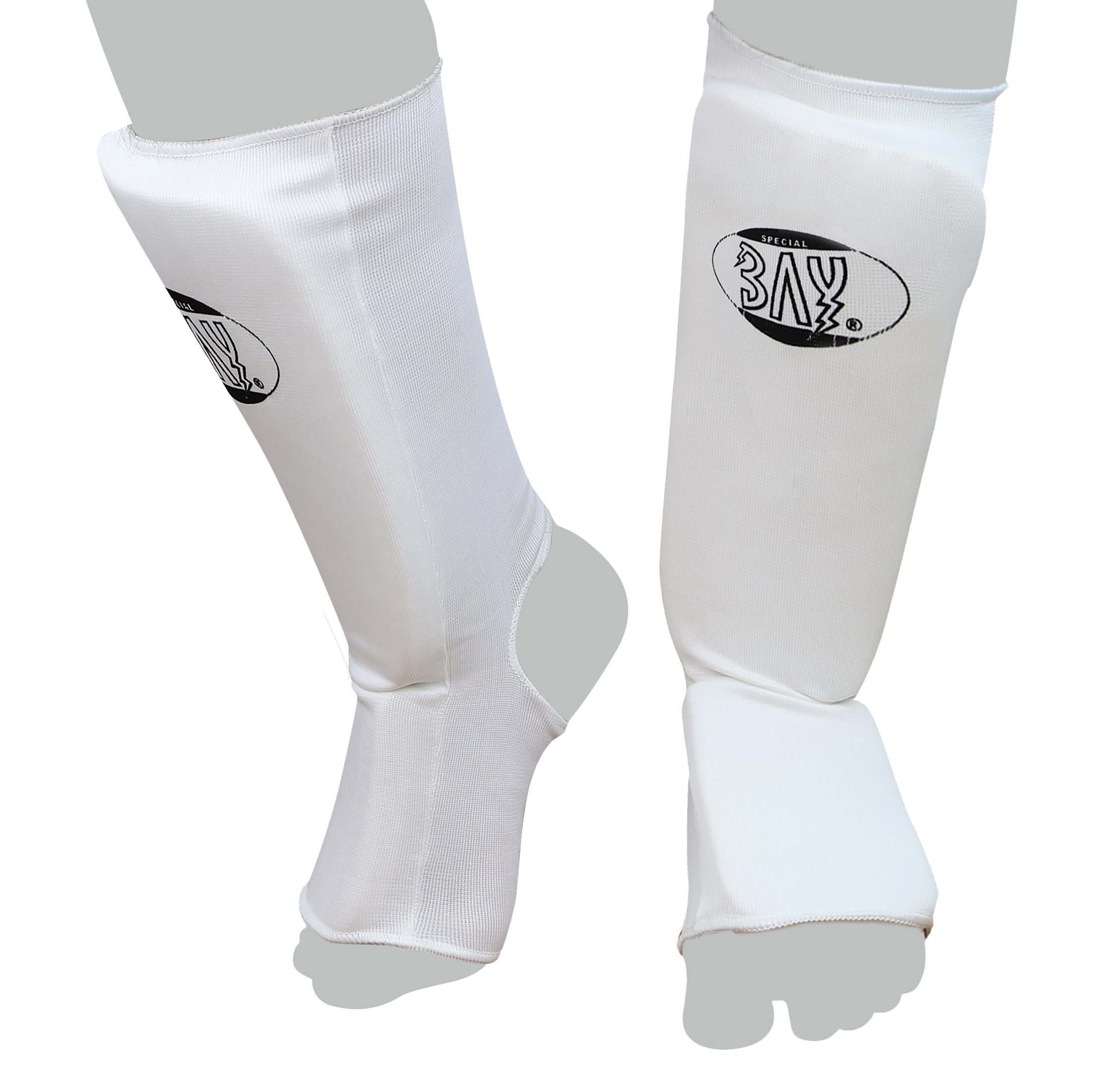 BAY-Sports Schienbeinschutz Kampfsport Kickboxen Karate MMA Thaiboxen Muay Thai MTC weiß, waschfest, elastisch, XXS - XL