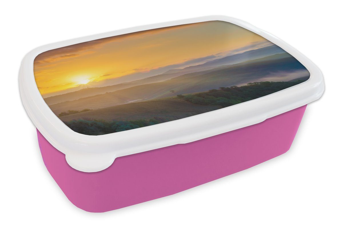 MuchoWow Lunchbox Sonnenaufgang in der Toskana, Kunststoff, (2-tlg), Brotbox für Erwachsene, Brotdose Kinder, Snackbox, Mädchen, Kunststoff rosa