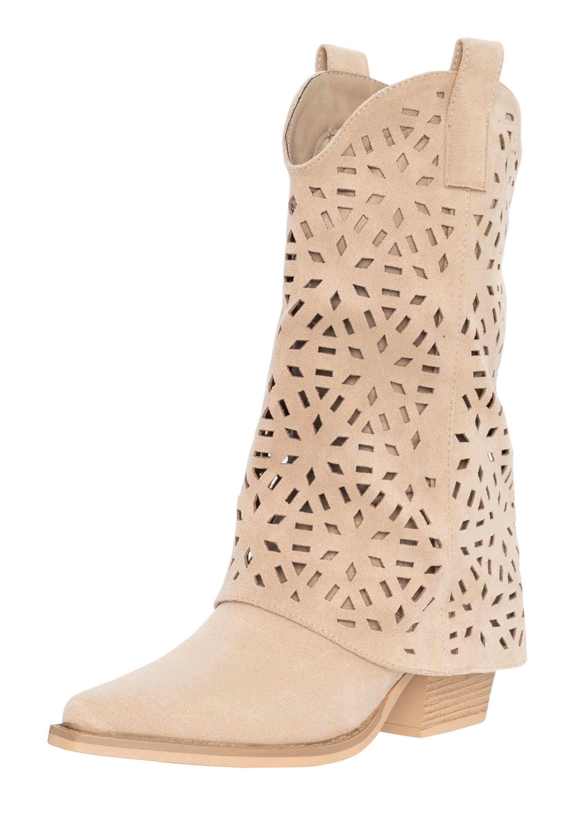 Salinyang Damen Cowboy Boots in Wildlederoptik mit Cut-Out Muster & Blockabsatz Cowboystiefel