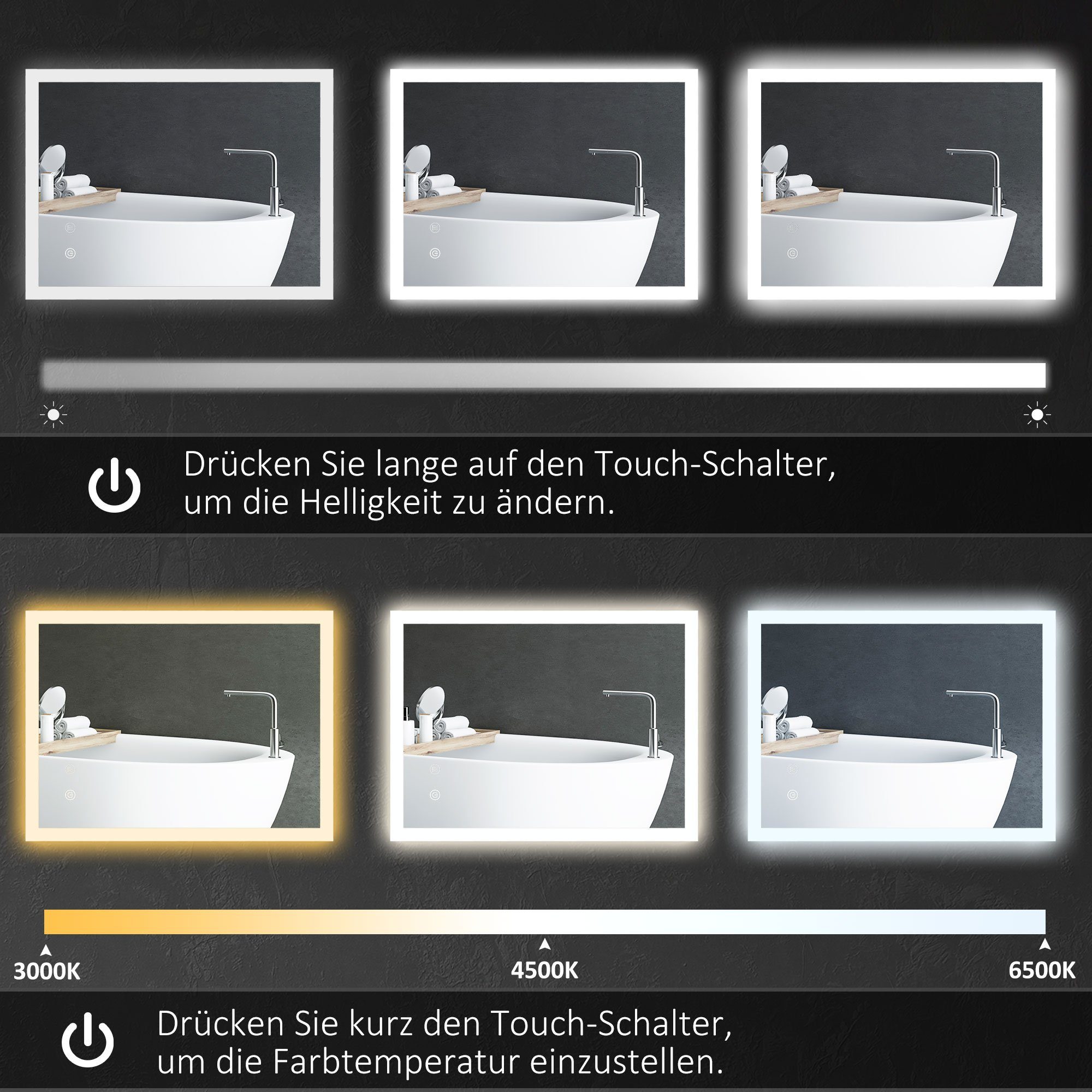 Kleankin Badspiegel Badspiegel mit LED-Beleuchtung, Lichtspiegel mit Touchschalter (beschlagfreier Wandspiegel mit 3 Lichtfarben, 1-St., IP44 Wasserdicht), Memory-Funktion, 70cm x 50cm x 3cm