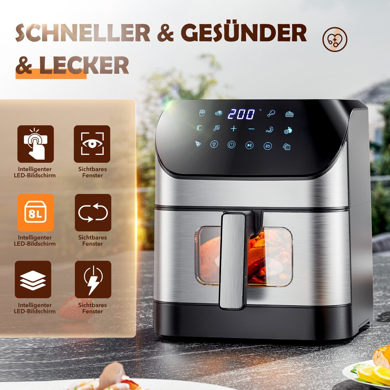 oyajia Heißluftfritteuse Heißluftfritteuse XXL 8L mit Sichtfenster, Friteuse ohne Öl 80°C-200°C, 1800 W, Airfryer mit 10 Programmen, Beleuchtung, Timer und Touch-Display