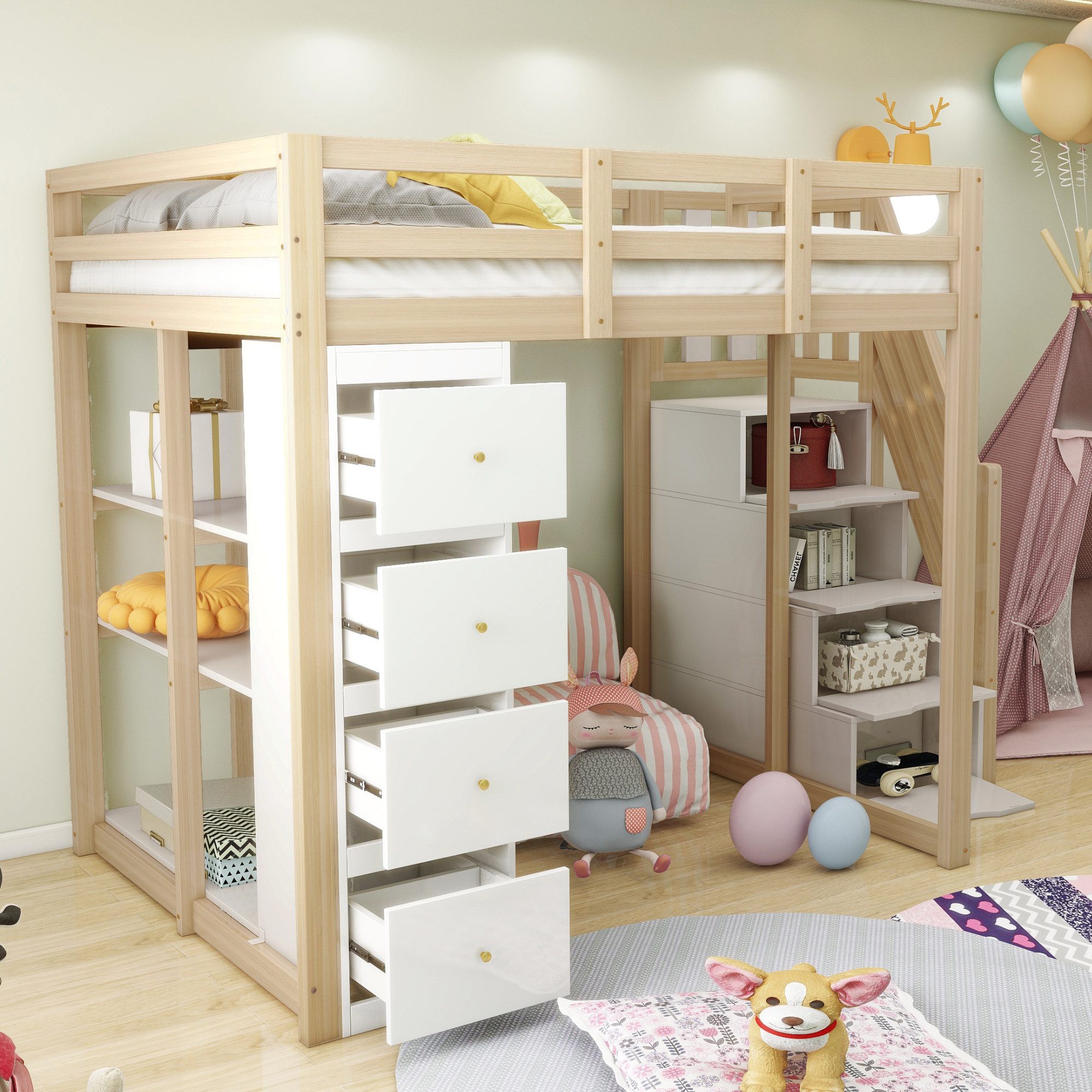 HAUSS SPOLE Hochbett 140x200 mit Schublade, Regalen, Aufbewahrungstreppe Ju günstig online kaufen