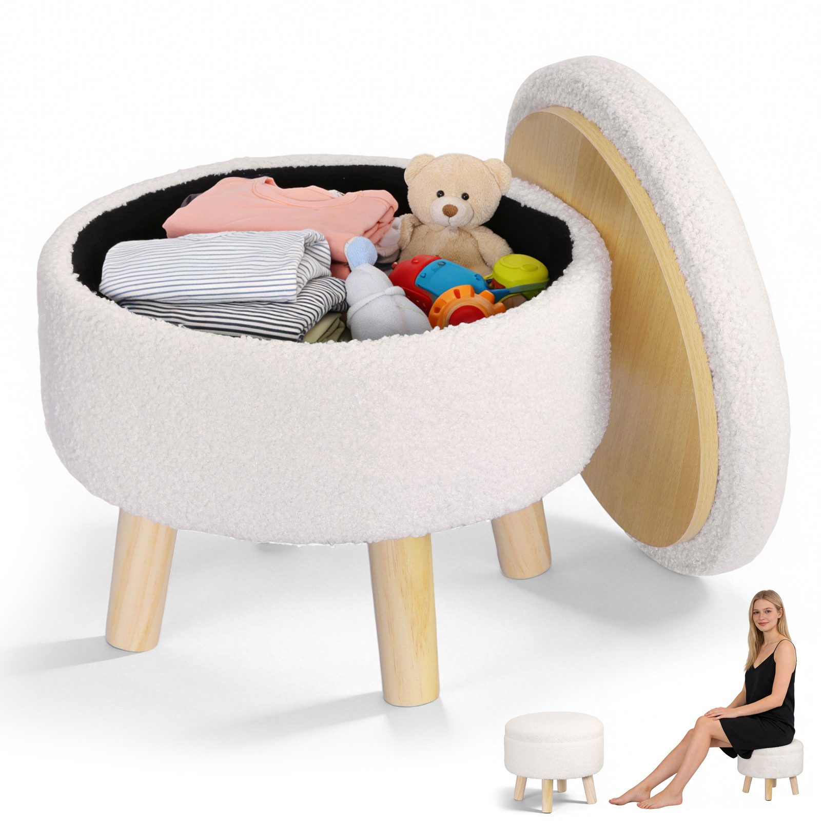 BlingBin Fußhocker mit Stauraum, Kleiner Stauraum, Ottomane, Teddy-Fleece Runder Hocker (1 Stück, 1 St., 34 x 31,5 cm), weiche hocker mit stauraum für Wohnzimmer, Schlafzimmer