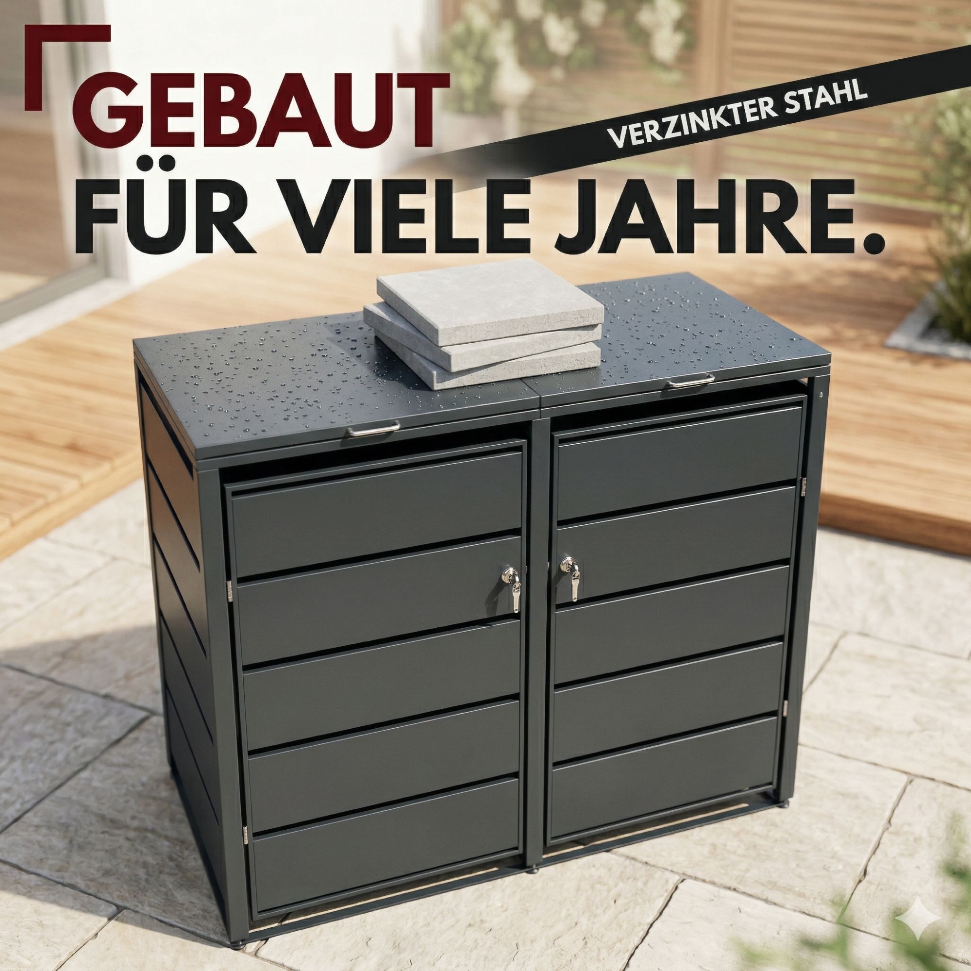 Albatros International Mülltonnenbox Mülltonnenbox 2er Tonne bis 240 Liter Anthrazitgrau RAL 7016 (verzinkter Stahl Premium Dämpfer Aufkleber-Set wetterfest)