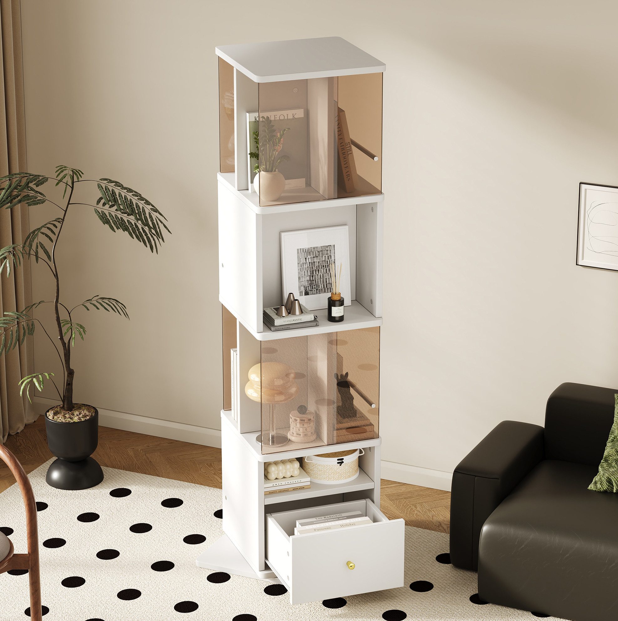 MODFU Standvitrine Glasvitrine drehbar, 160 cm hoher Ausstellungsschrank, Vitrine (mit MDF-Melaminplatte, Drehsockel, Schublade und stilvollen goldfarbenen Griffen, Kuriosekabinett, Ausstellungsschrank)
