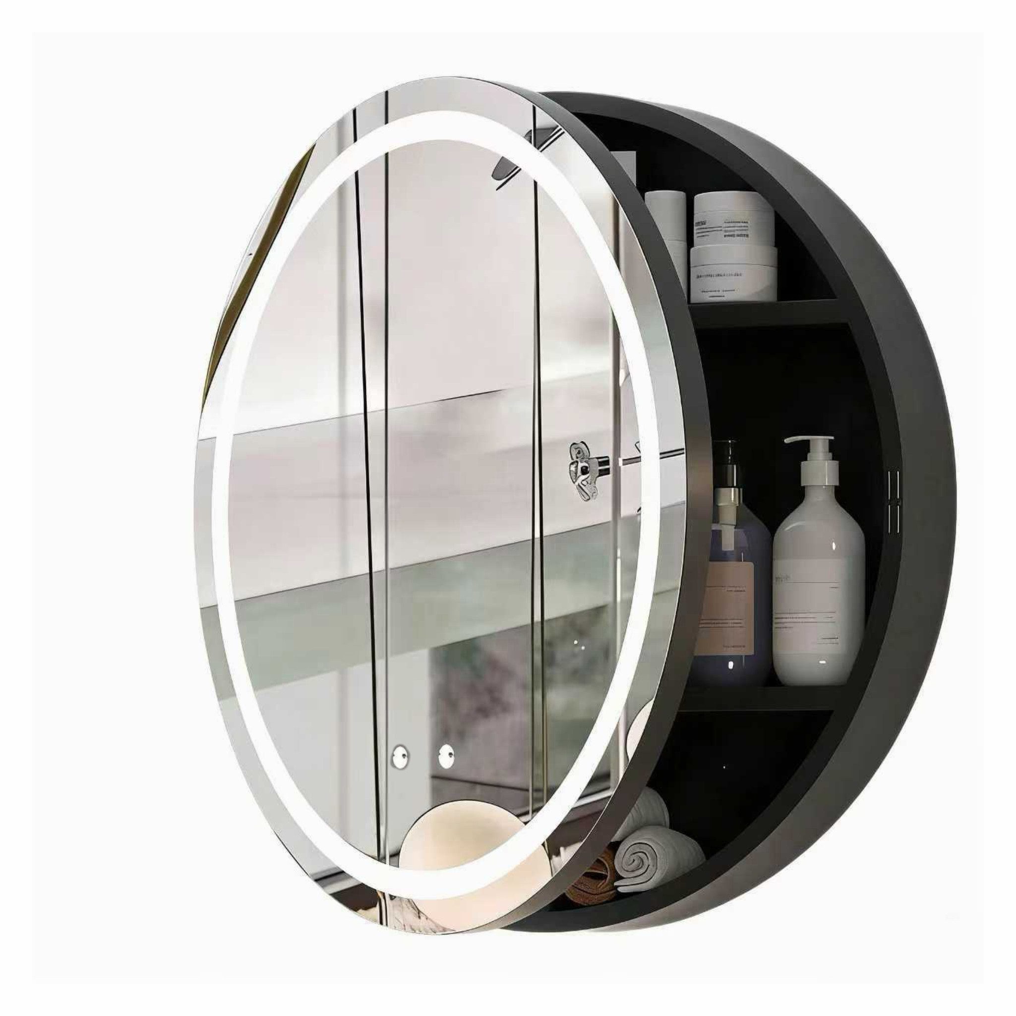 radelldar Badezimmerspiegelschrank Runder Spiegelschrank 60x60 cm, Medizinschrank mit Metallrahmen (1-St) Montagefrei, integrierte Beleuchtung und Entfeuchtung