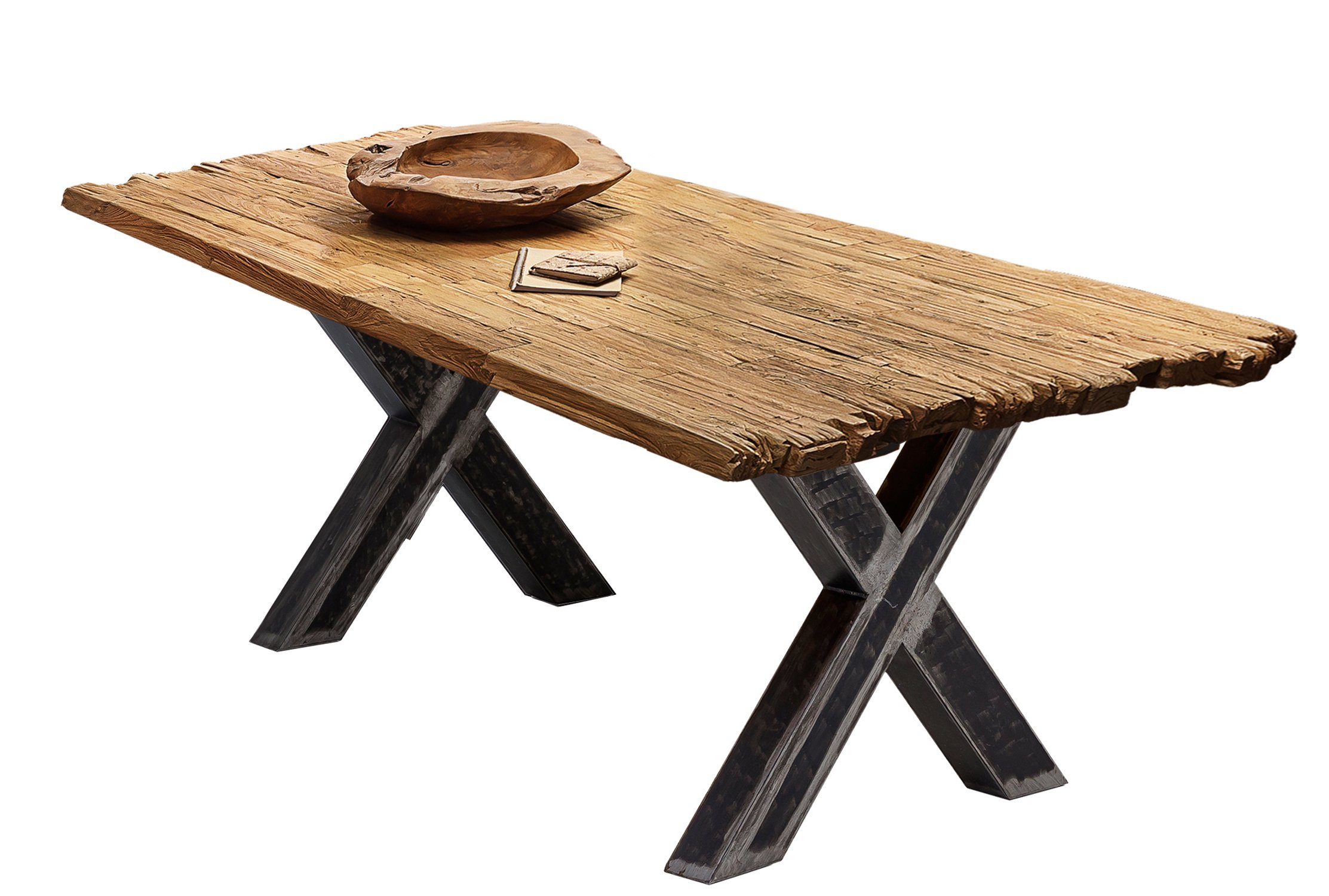 TPFLiving Esstisch Paisi - Platte recyceltes Teak, Gestell Metall (Platte natur, Gestell used look, klar lackiert, Esstisch - Desinger Tisch Luxus - Esstisch massiv), Plattenstärke 50 mm - Esstisch 160x90cm