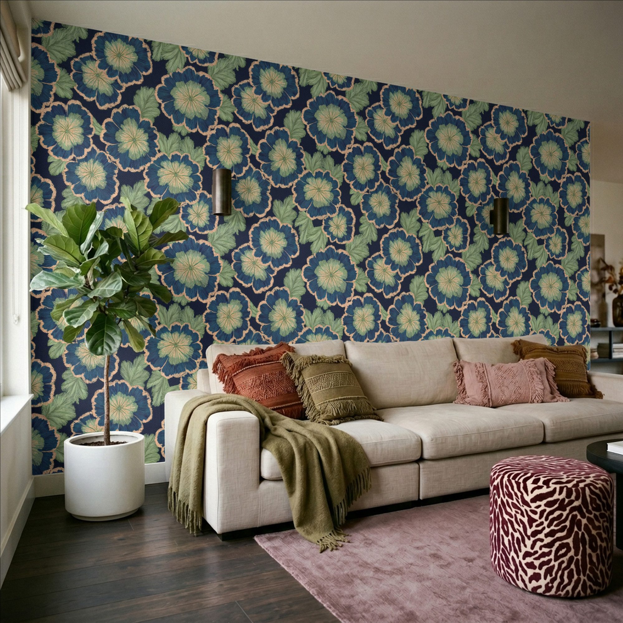 OnlyWow Fototapete Blumen - Stickerei - Muster - Blau - Grün, bedruckt